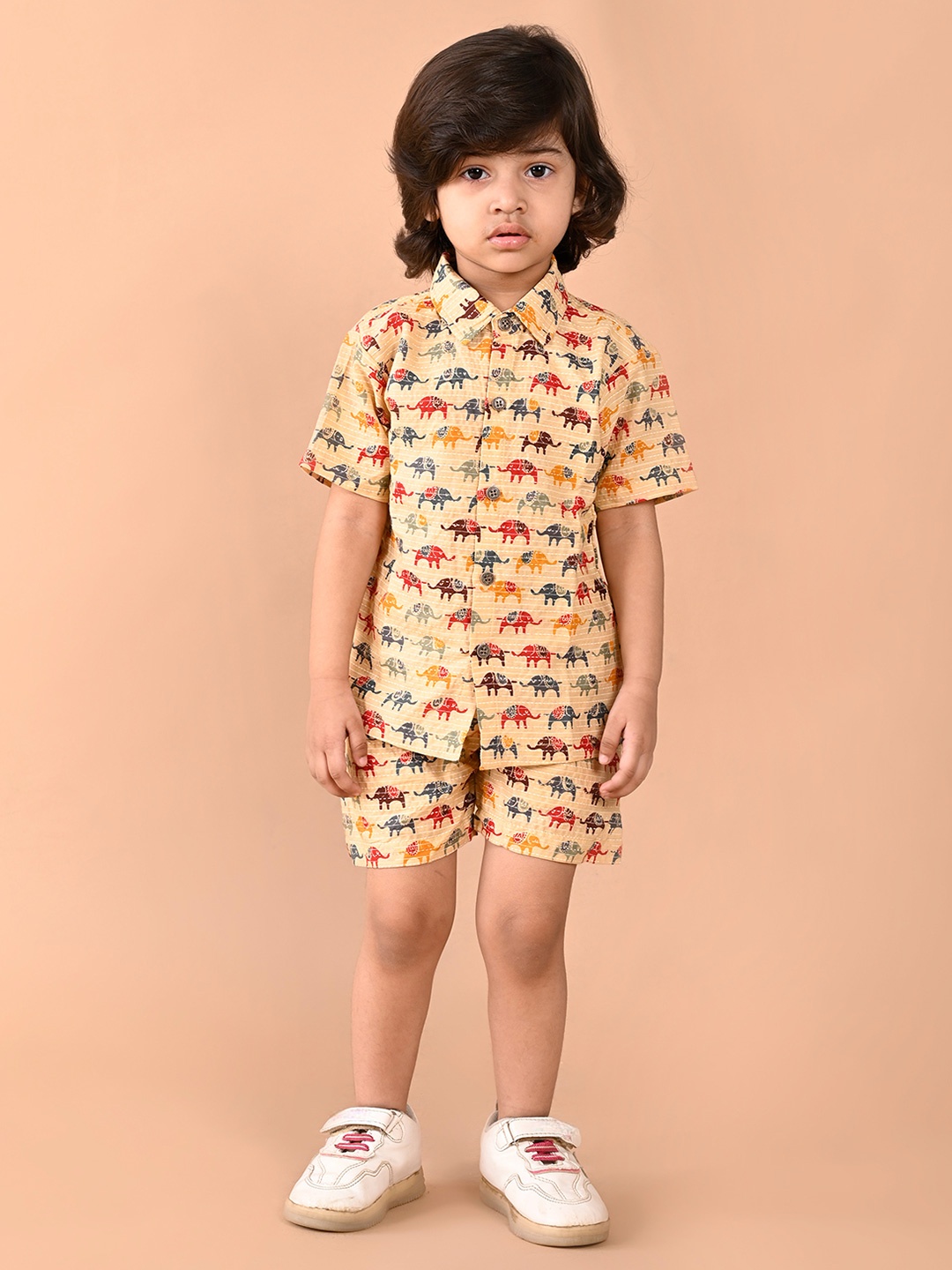 

BAESD Boys Quirky Printed Shirt Collar Short Sleeves Pure Cotton Shirt With Shorts, Beige