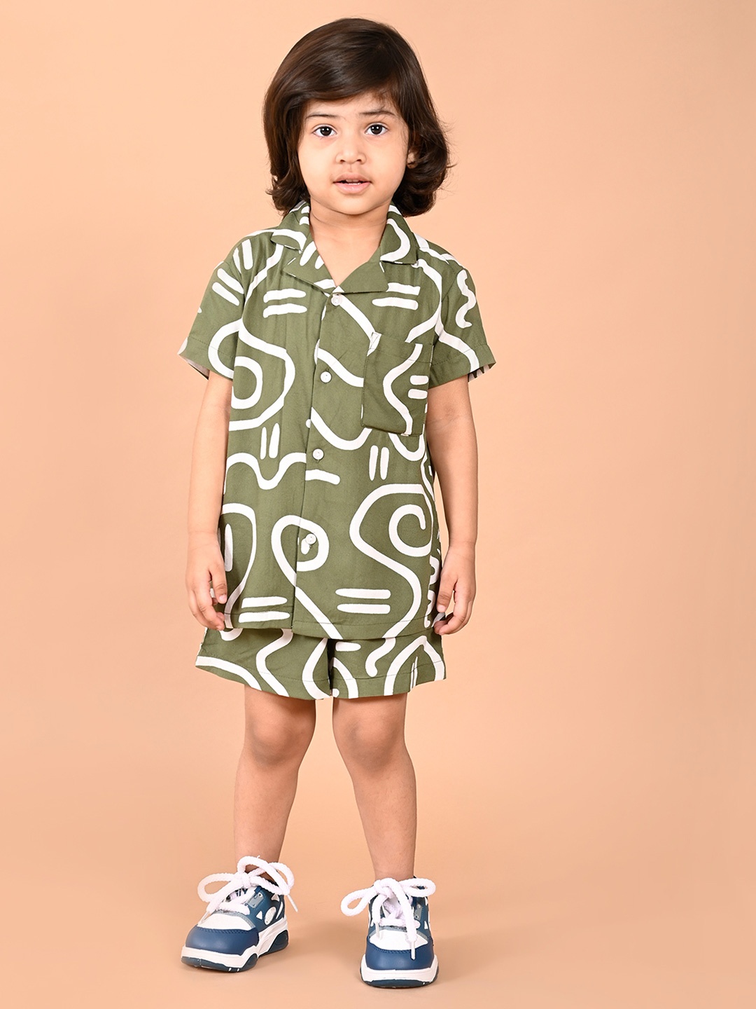 

BAESD Boys Printed Shirt Collar Short Sleeves Pure Cotton Shirt With Shorts, Olive