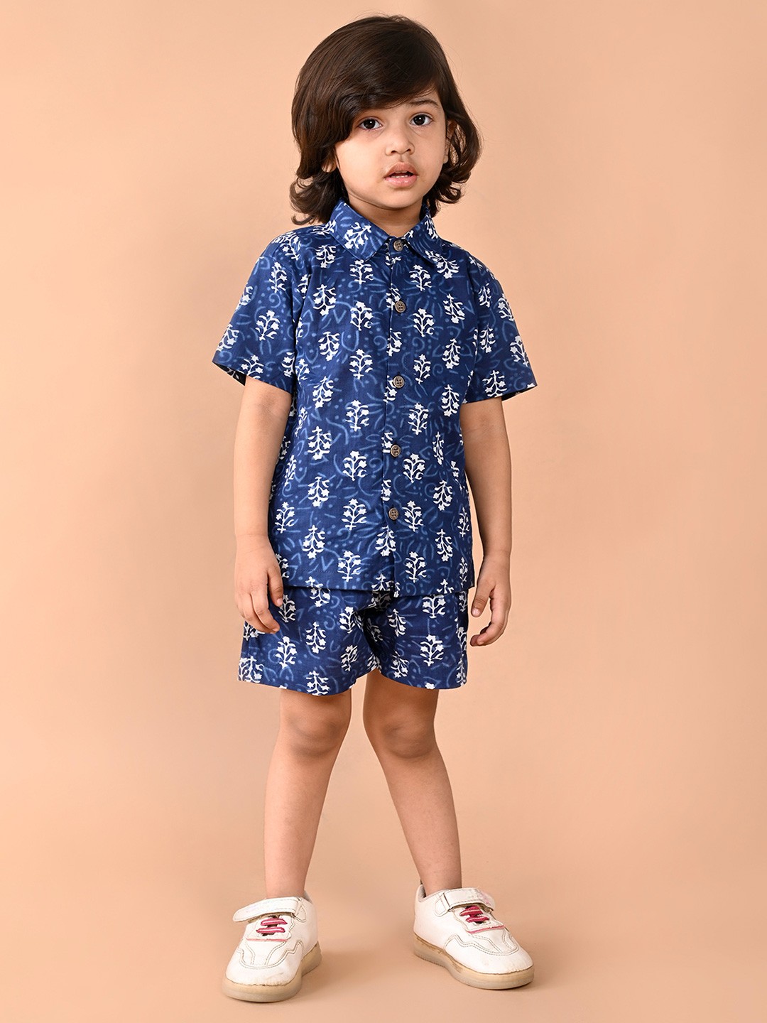 BAESD Boys Floral Printed Shirt Collar Short Sleeves Pure Cotton Shirt With Shorts, Navy blue