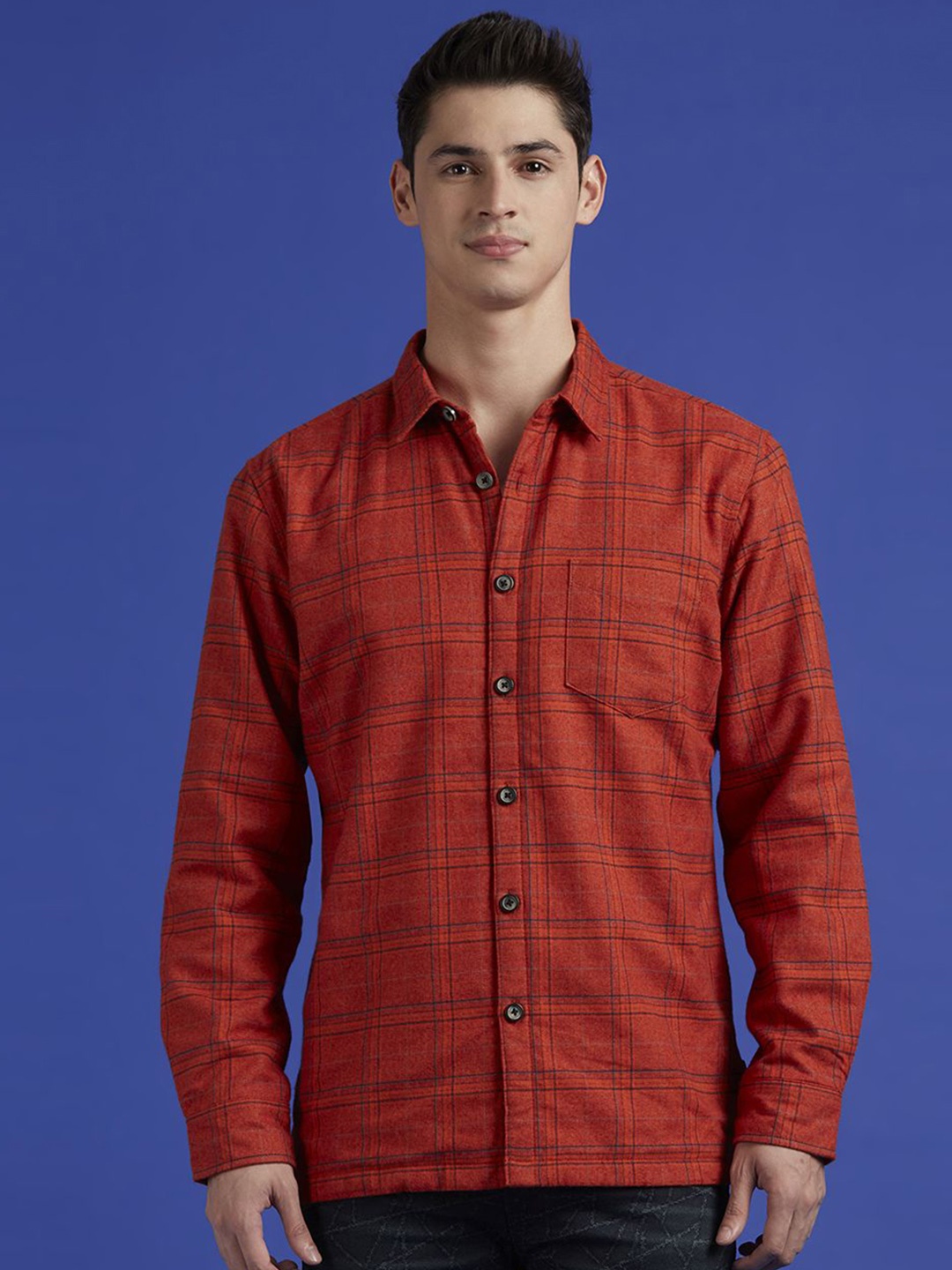 

Pepe Jeans Men Spread Collar Windowpane Checked Cotton Casual Shirt, Rust