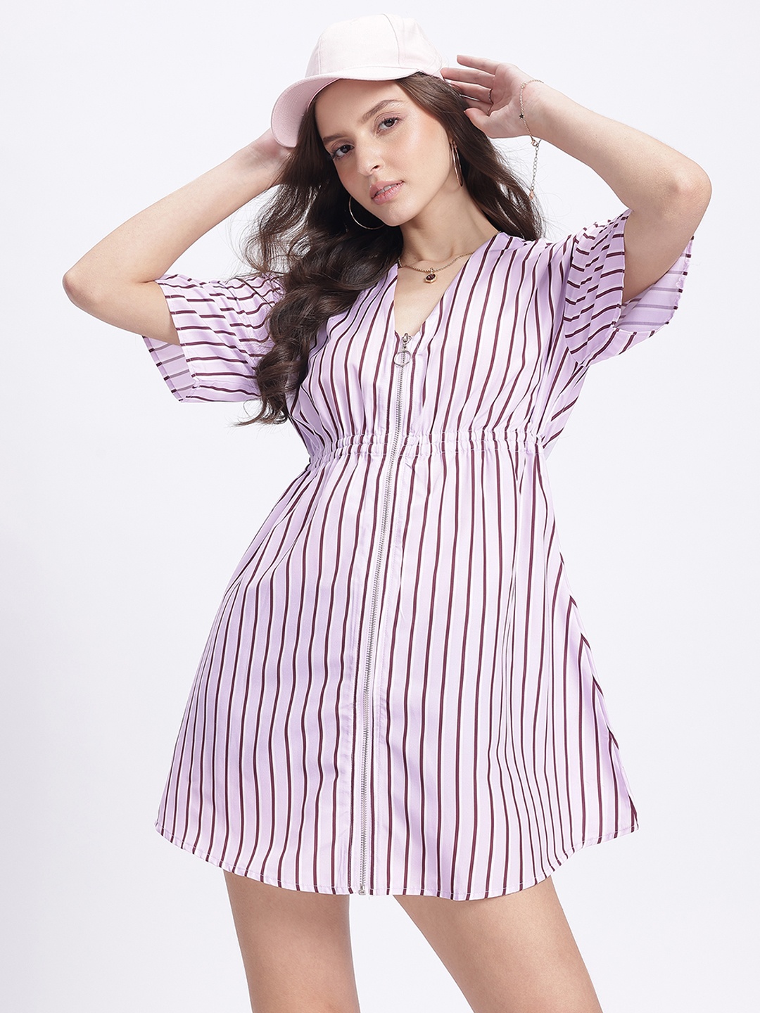 

DressBerry Zipped Ease Striped Drop-Shoulder A-Line Dress, Lavender