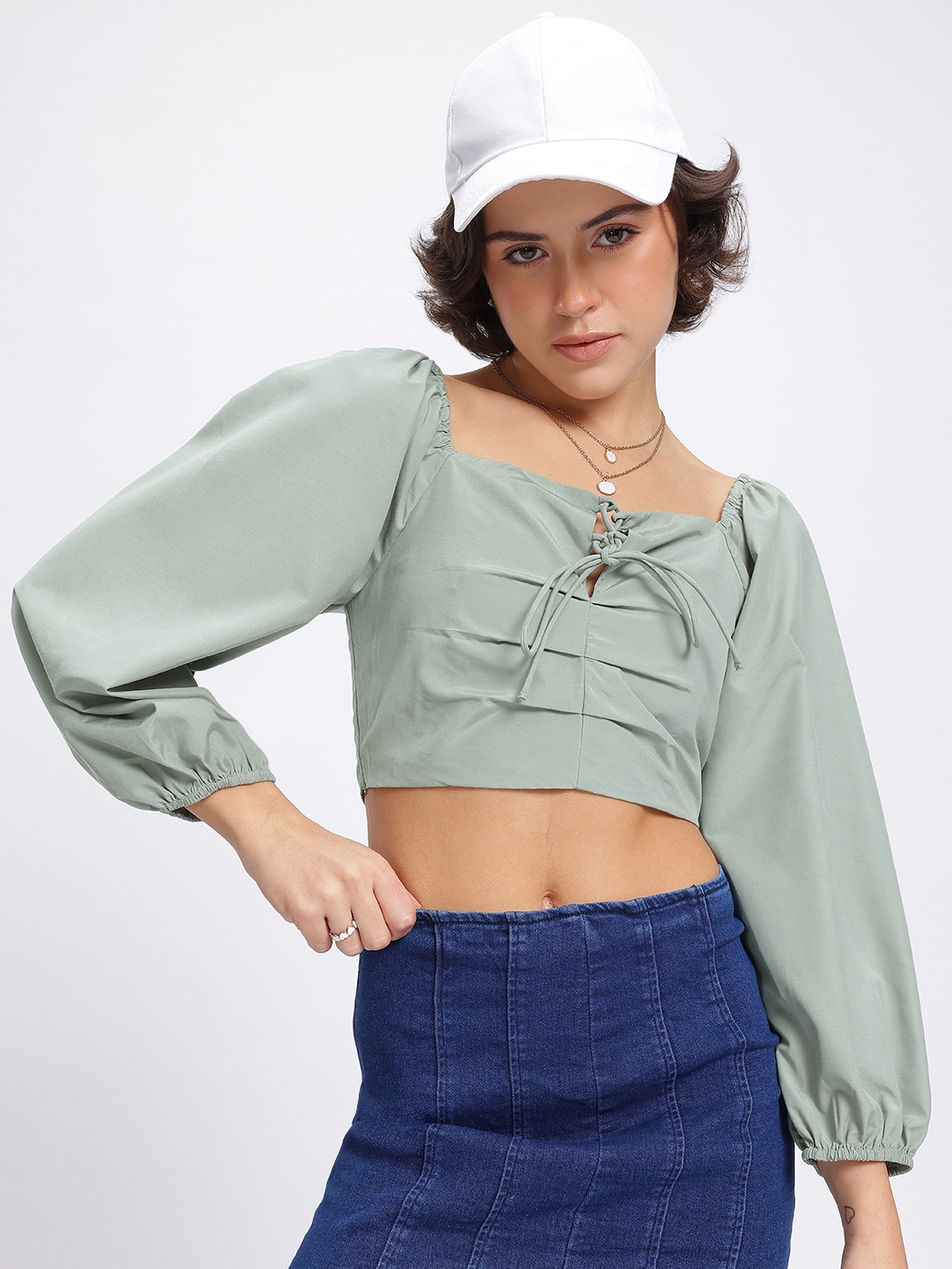 

DressBerry Matcha Magic Pleated Smocked Crop Top, Green