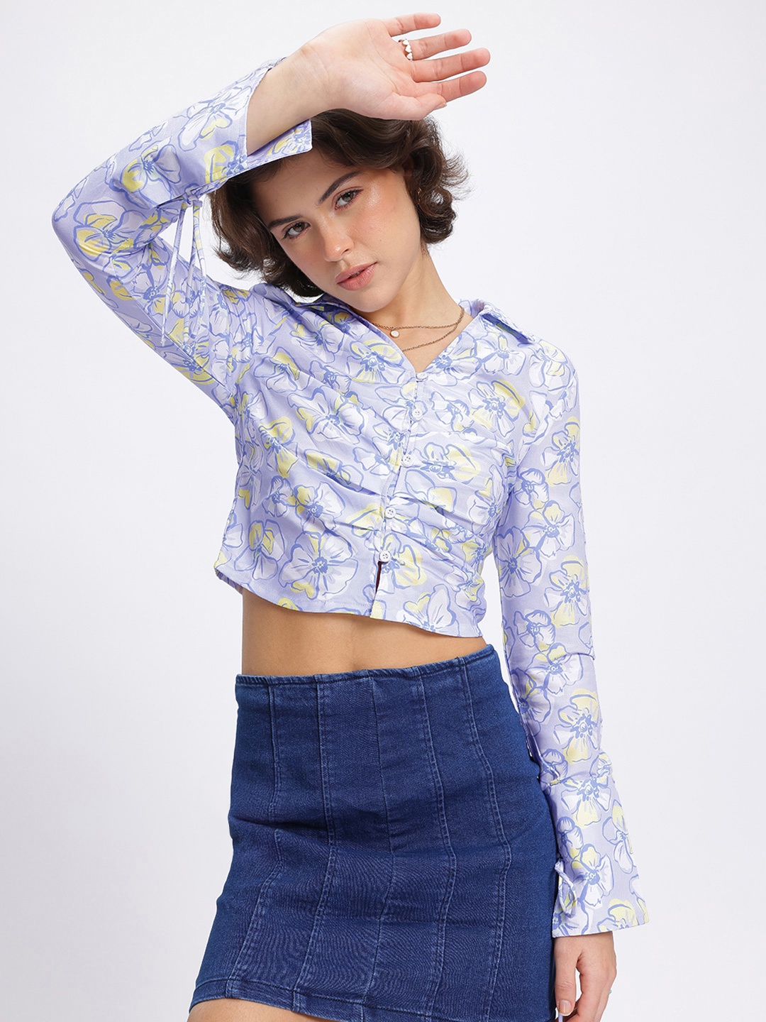 

DressBerry Floral Fantasy Print Ruched Shirt Style Crop Top, Blue