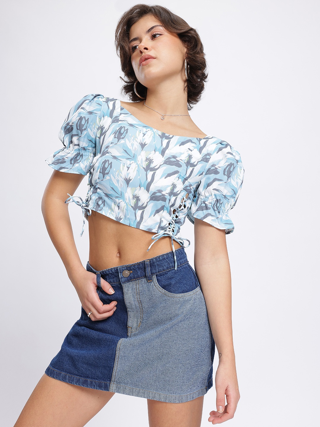

DressBerry Floral Lace Up Detail Crop Top, Blue