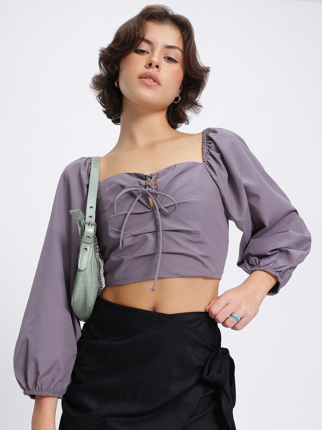 

DressBerry Cutie Couture Tie-Up Pleated Smocked Back Crop Top, Mauve