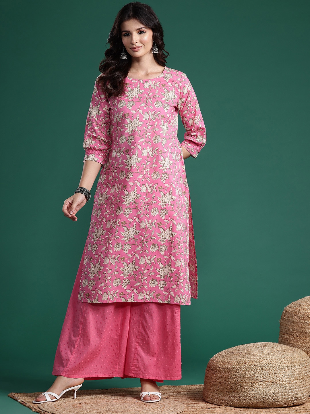 

Sangria Floral Printed Pure Cotton Kurta with Palazzos, Pink