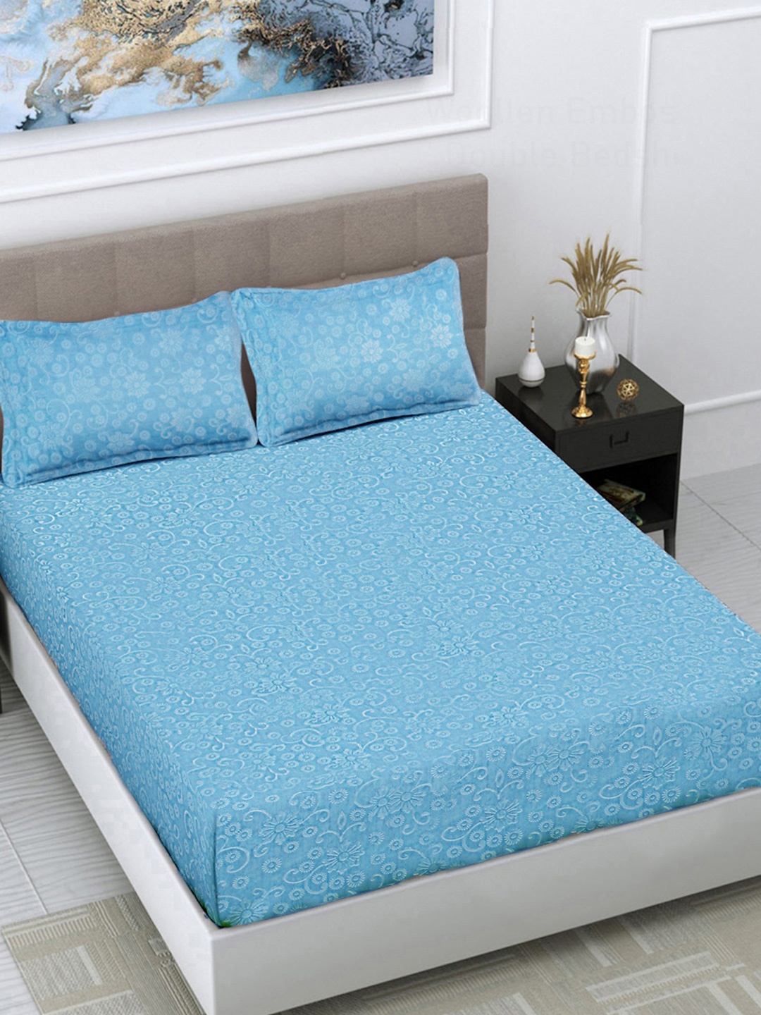 

FABINALIV Blue Printed Woollen 300 TC King Bedsheet with 2 Pillow Covers 2.50 m x 2.25 m