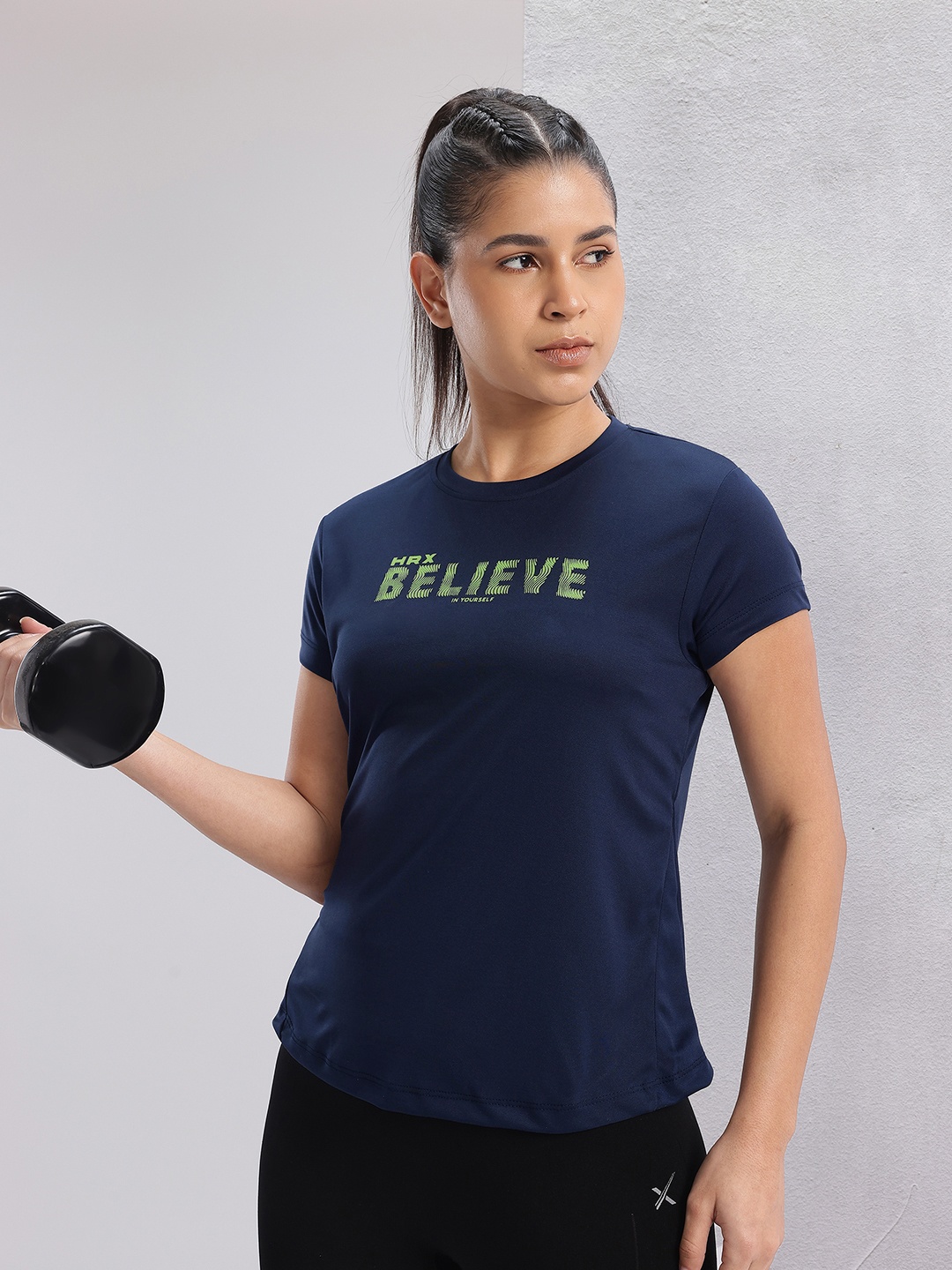 

HRX by Hrithik Roshan Women Typography Printed Training T-shirt, Navy blue