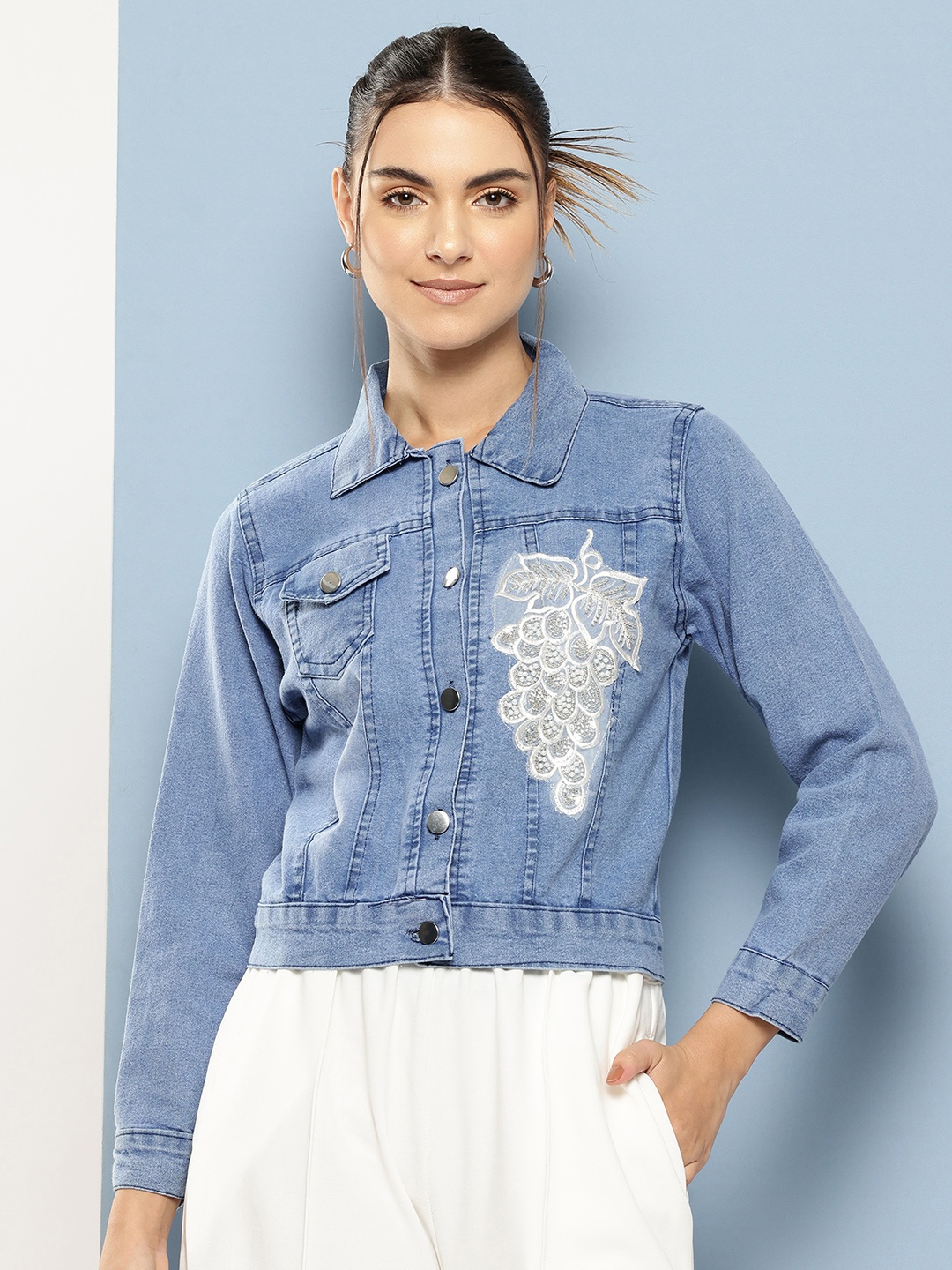 

Aarika Women Lightweight No Crop Denim Jacket with Patchwork, Blue