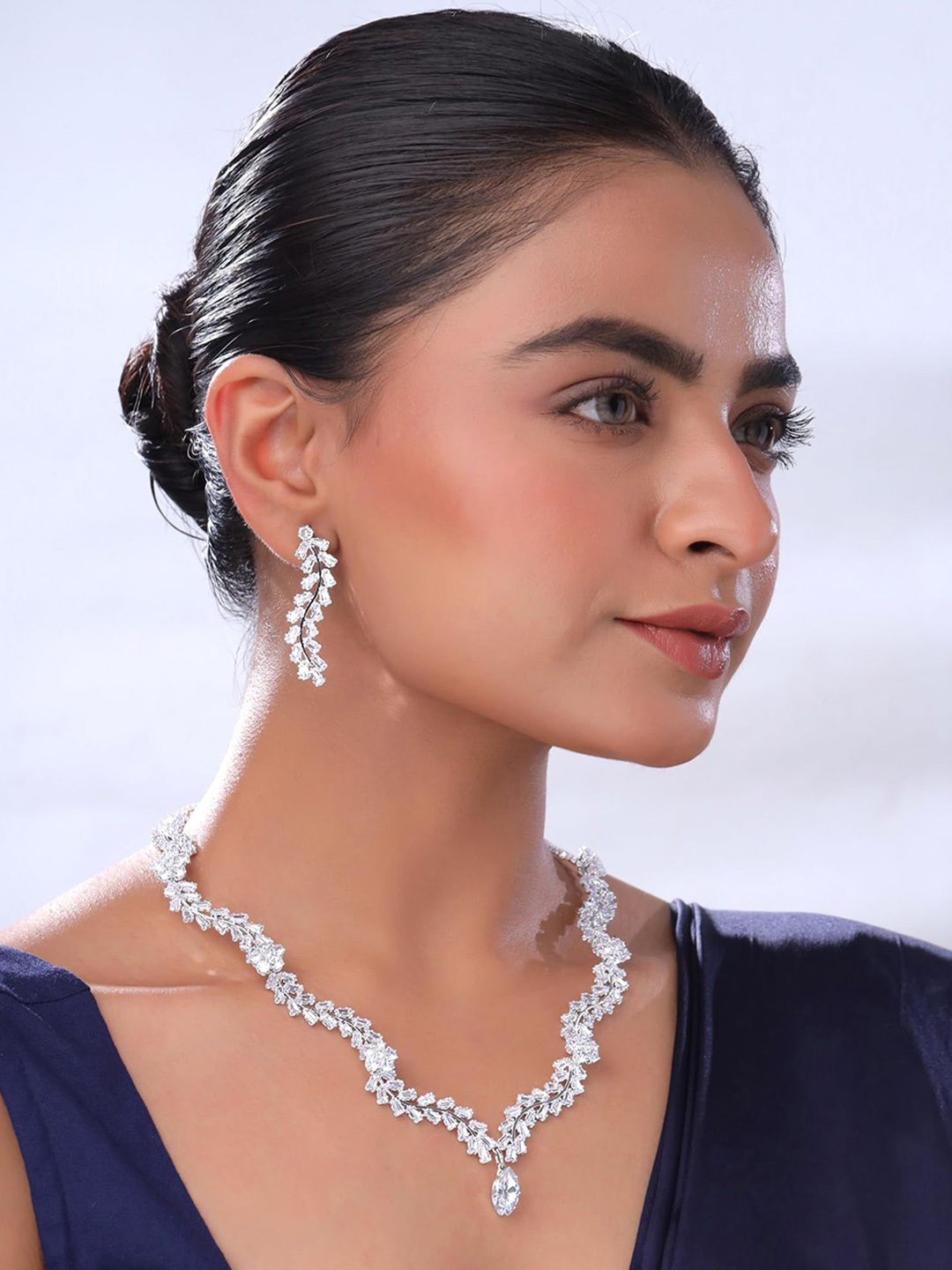 

Yellow Chimes Rhodium-Plated Cubic Zirconia Stone Studded Jewellery Set, Silver