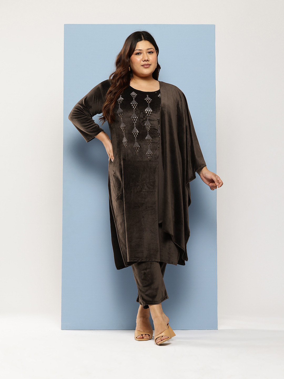 

Aarika Plus Size Embellished Pure Cotton Velvet Kurta with Trousers & With Dupatta, Brown