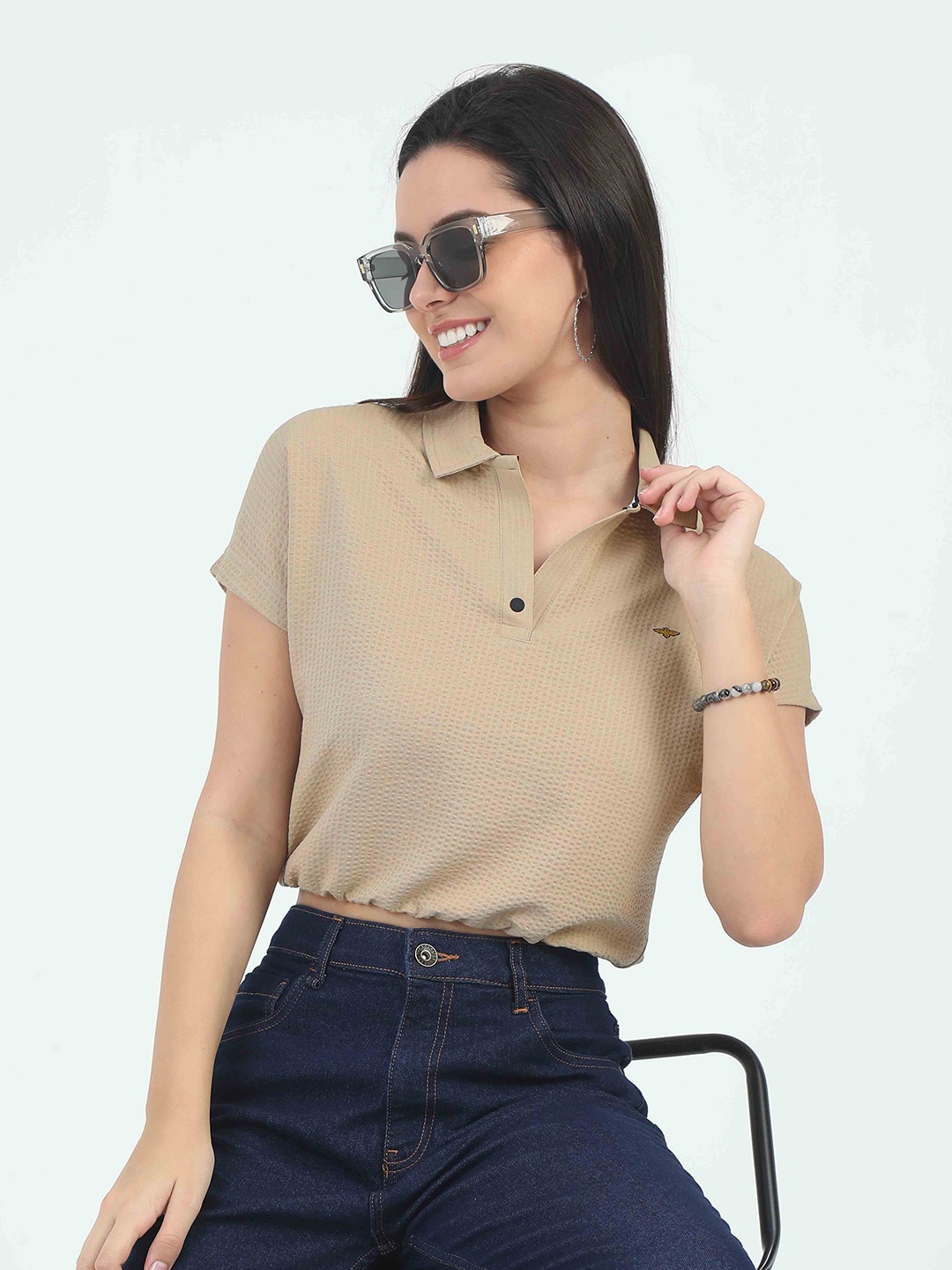 

STELLERS Women Self Design Shirt Collar Crop Top, Beige