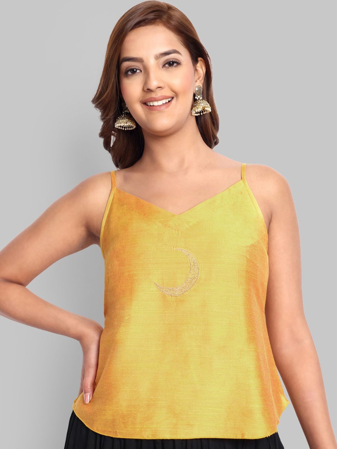 

Mera Rang Women Embroidered Sleeveless Crop Top, Mustard
