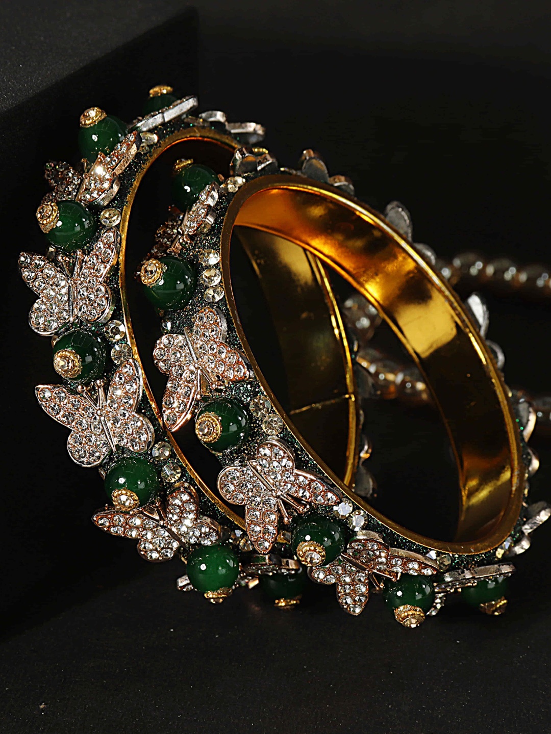 

LAVAZZA Set Of 2 CZ Stone Studded & Beaded Butterfly Design Bangles, Green