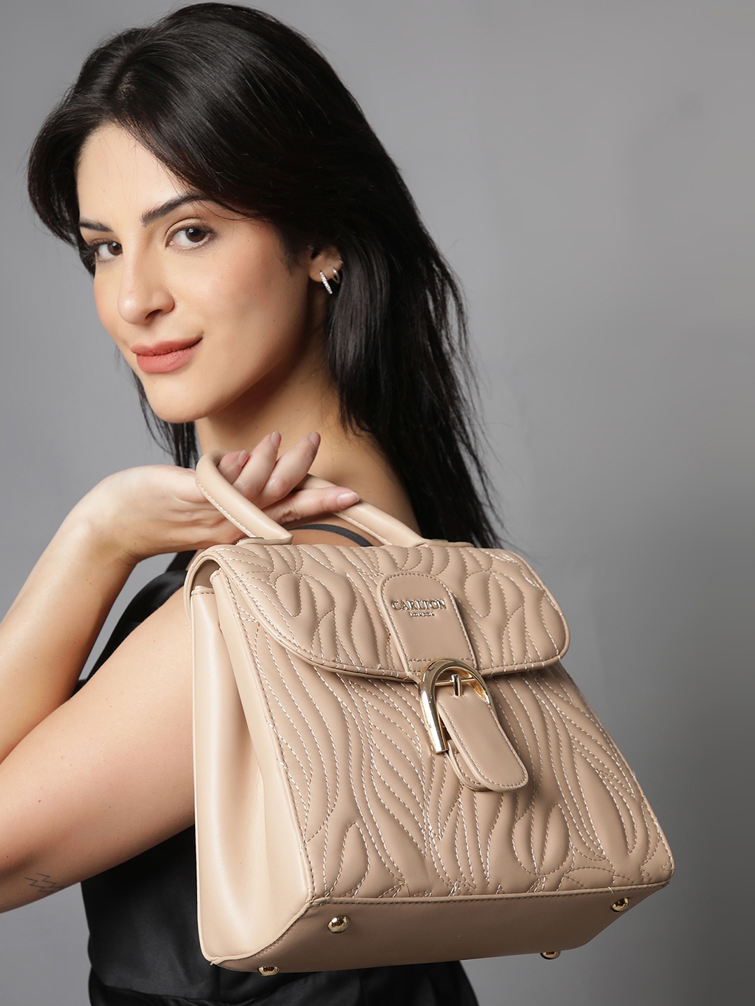 

Carlton London Women Textured Structured Leather Handheld Bag, Beige