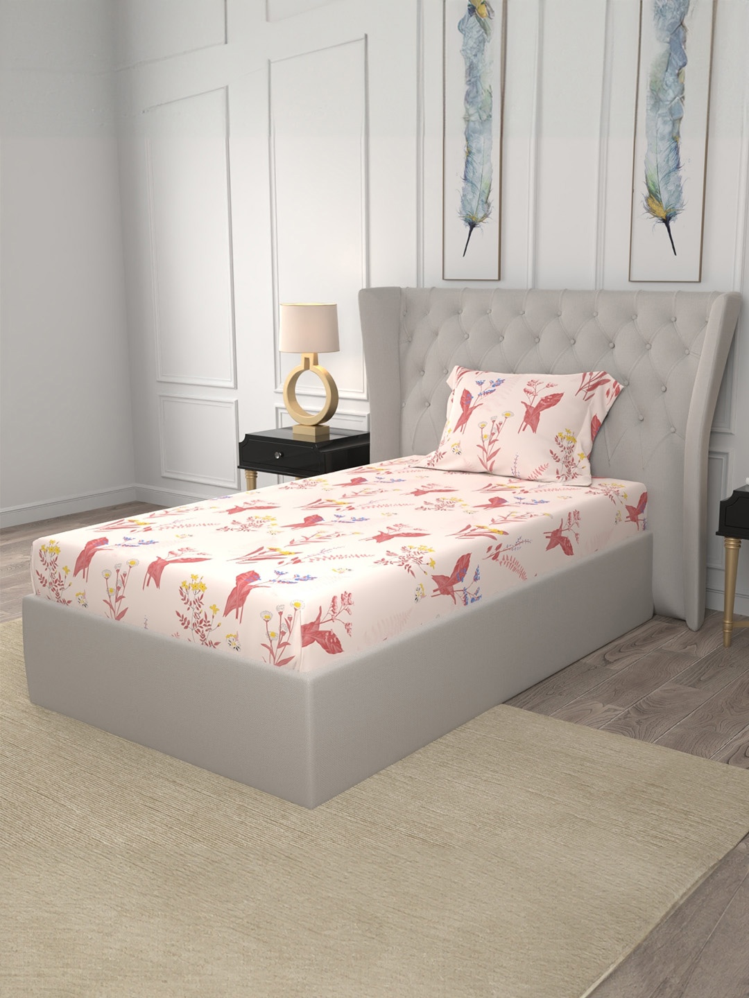 

URBAN SPACE Whisper Peach 200 TC Floral Single Bedsheet 1.47 x 2.28 m