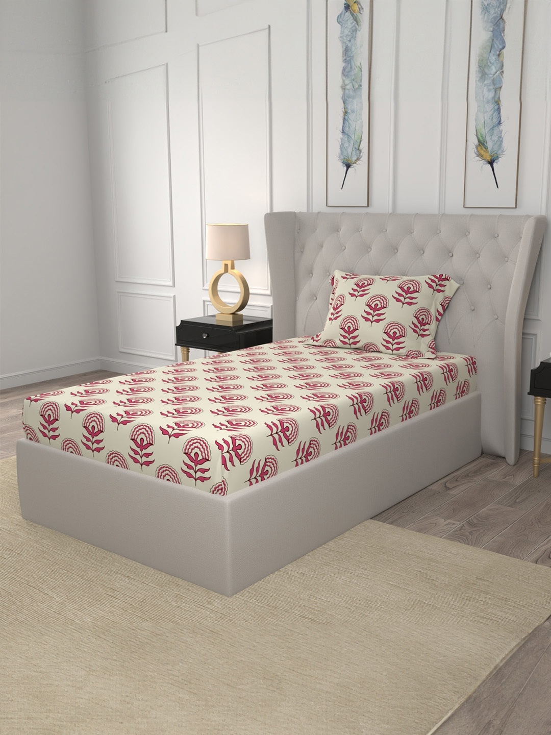 

URBAN SPACE Florabell Cherry Red 200 TC Floral Single Bedsheet