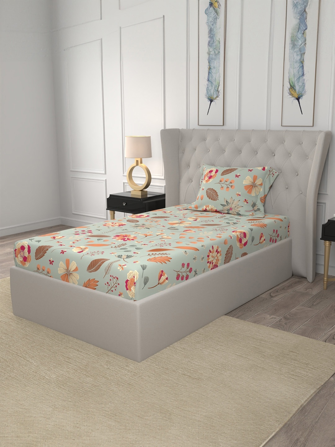

URBAN SPACE Florence Grey 200 TC Floral Single Bedsheet