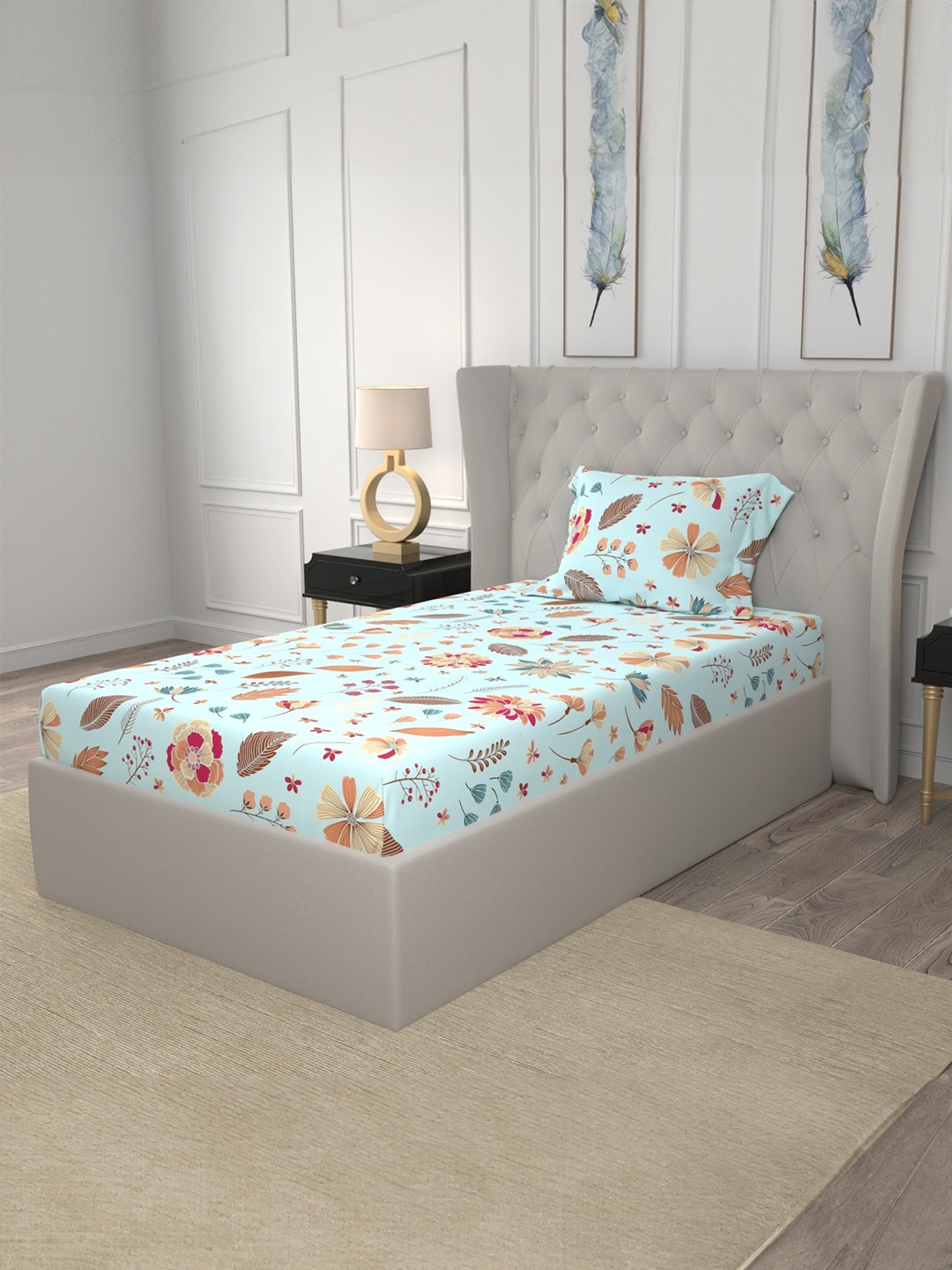 

URBAN SPACE Florence Sky Blue 200 TC Floral Single Bedsheet