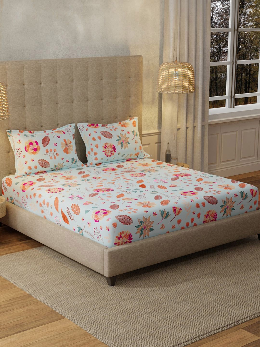 

URBAN SPACE Florence Sky Blue 200 TC Floral Queen Bedsheet