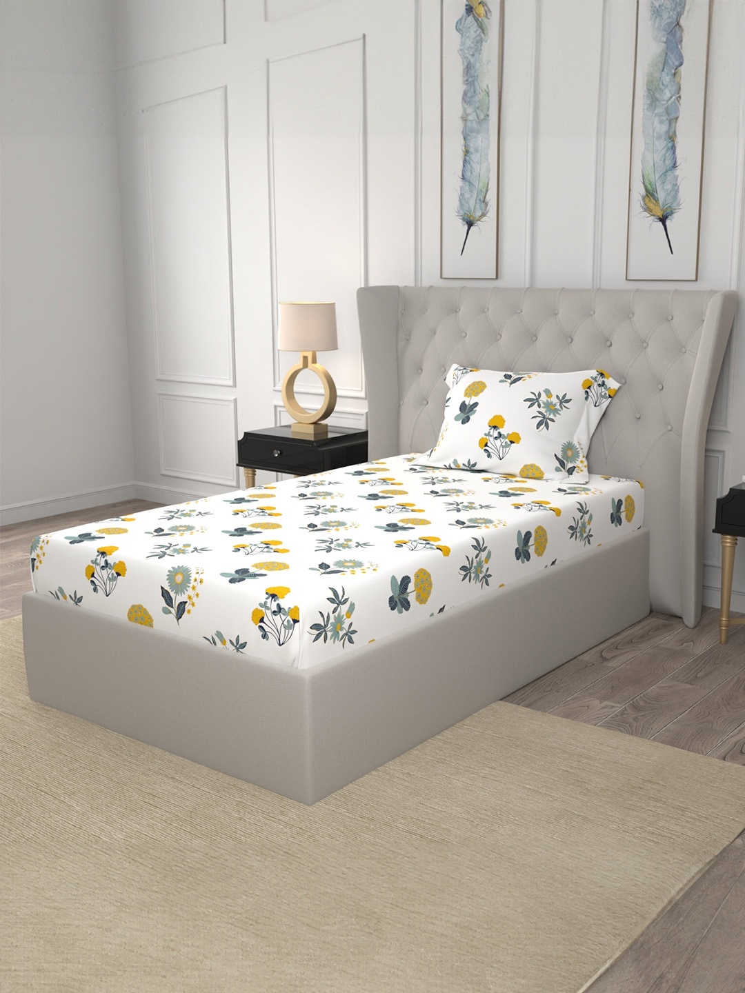 

URBAN SPACE Radiance White 200 TC Floral Single Bedsheet