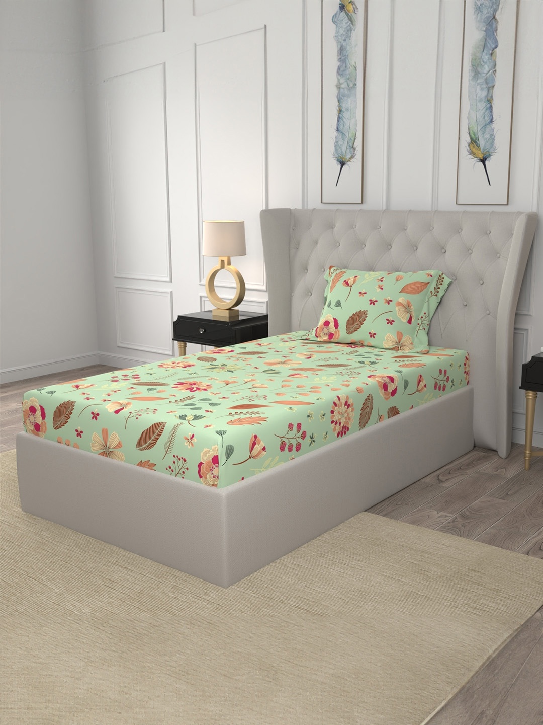 

URBAN SPACE Florence Sage Green 200 TC Floral Single Bedsheet