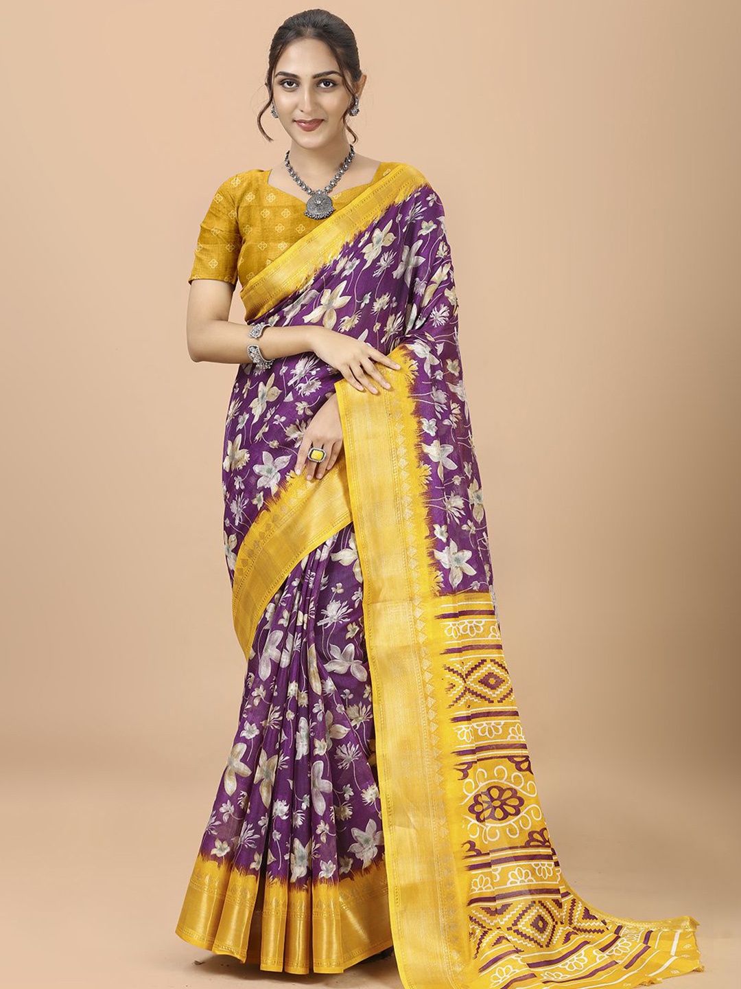 

NIRMAL CREATION Floral Printed Saree with Blouse Piece, Violet