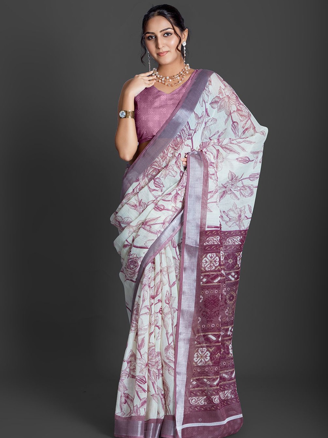 

NIRMAL CREATION Floral Printed Saree With Blouse Piece, Lavender