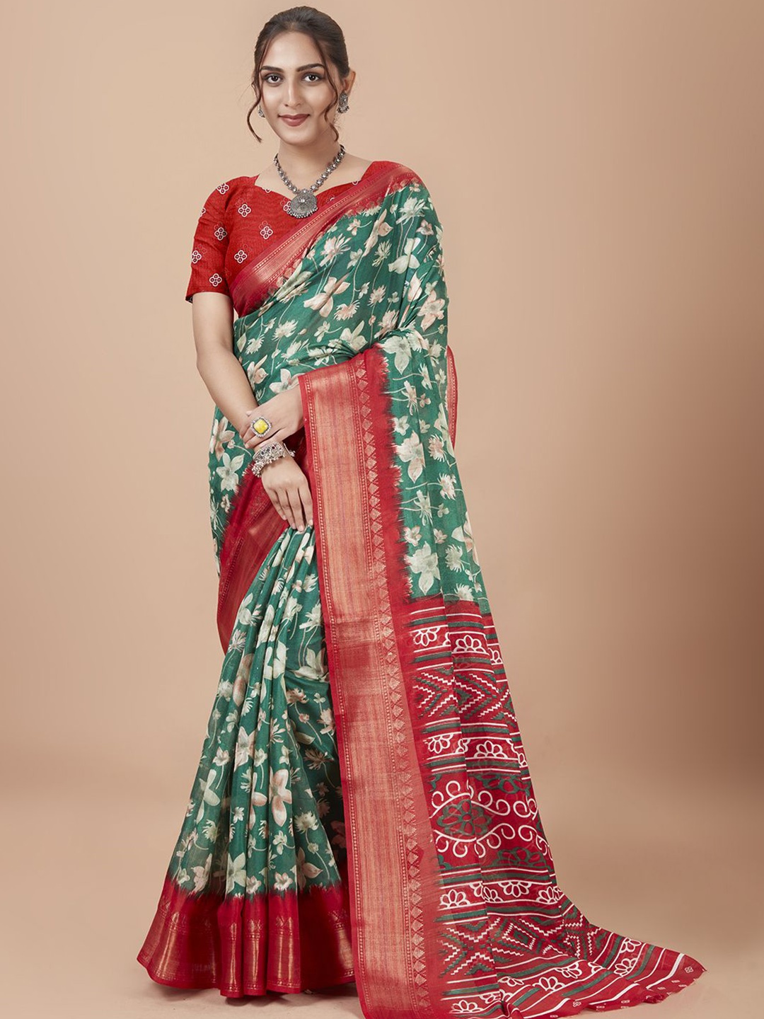 

NIRMAL CREATION Floral Printed Woven Design Zari Saree, Green