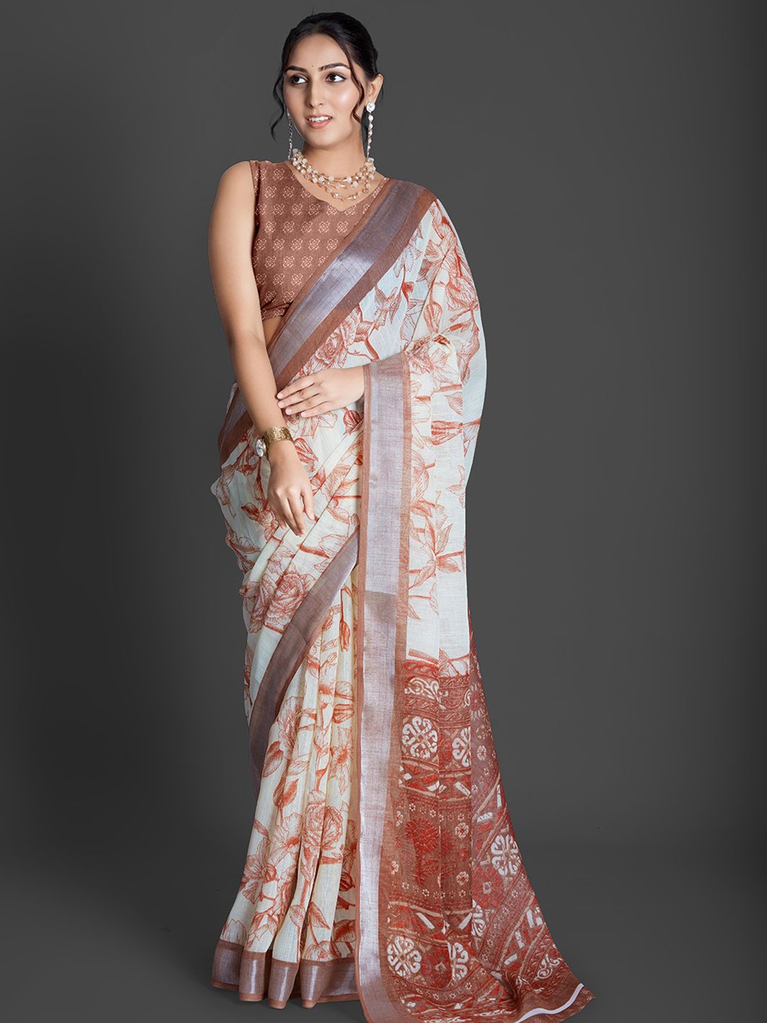 

NIRMAL CREATION Floral Printed Woven Design Zari Saree, Brown