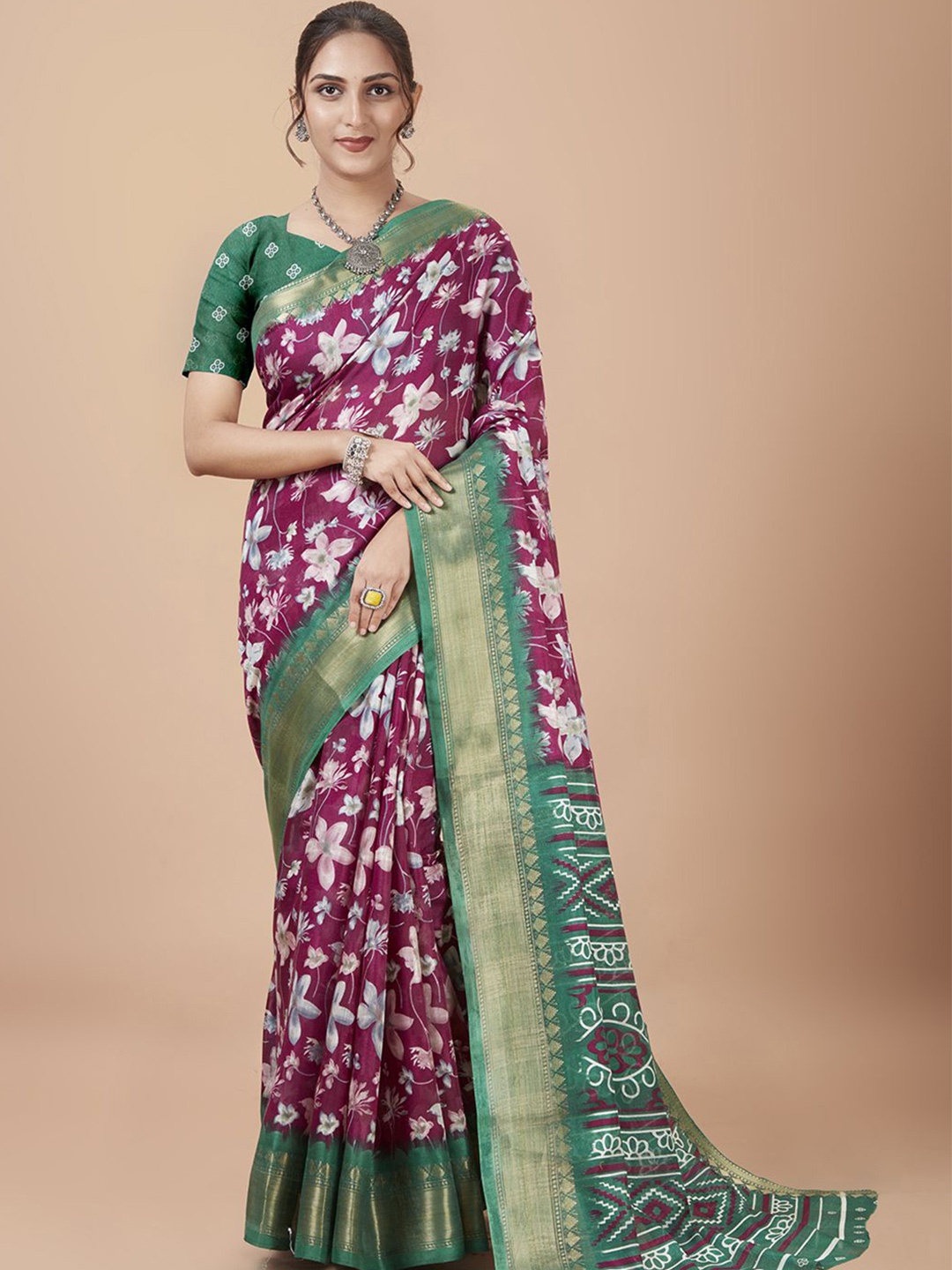 

NIRMAL CREATION Floral Printed Woven Design Zari Saree, Burgundy