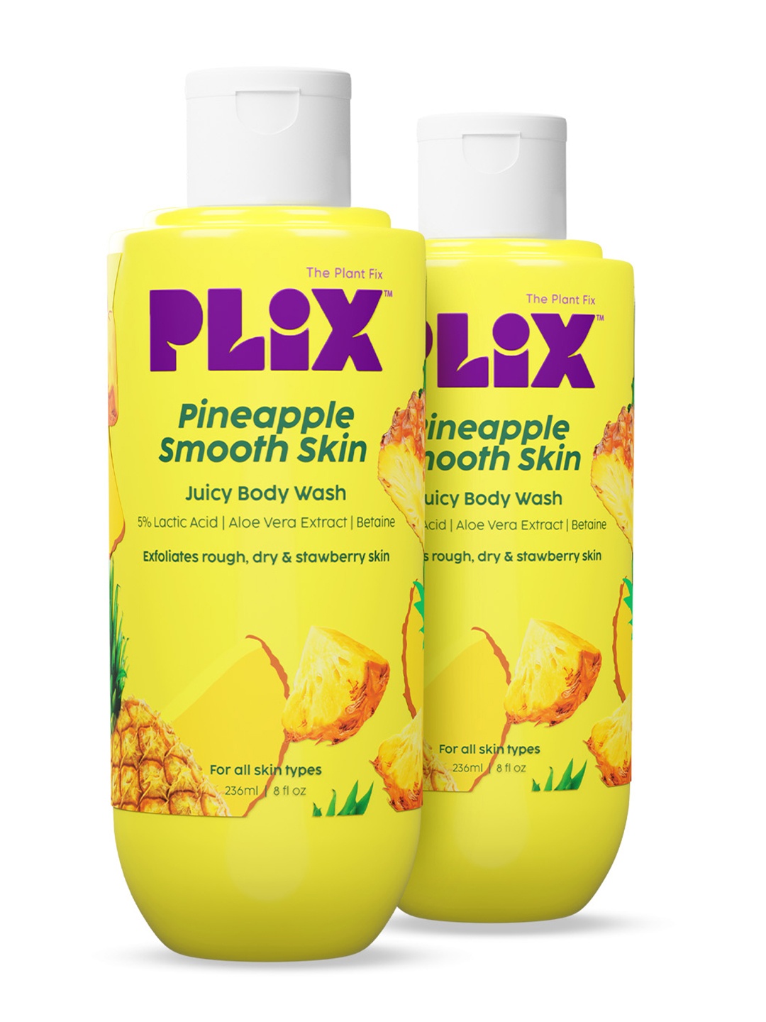 

PLIX THE PLANT FIX Set of 2 Pineapple Smooth Skin Exfoliating Body Wash - 236 ml each, Yellow