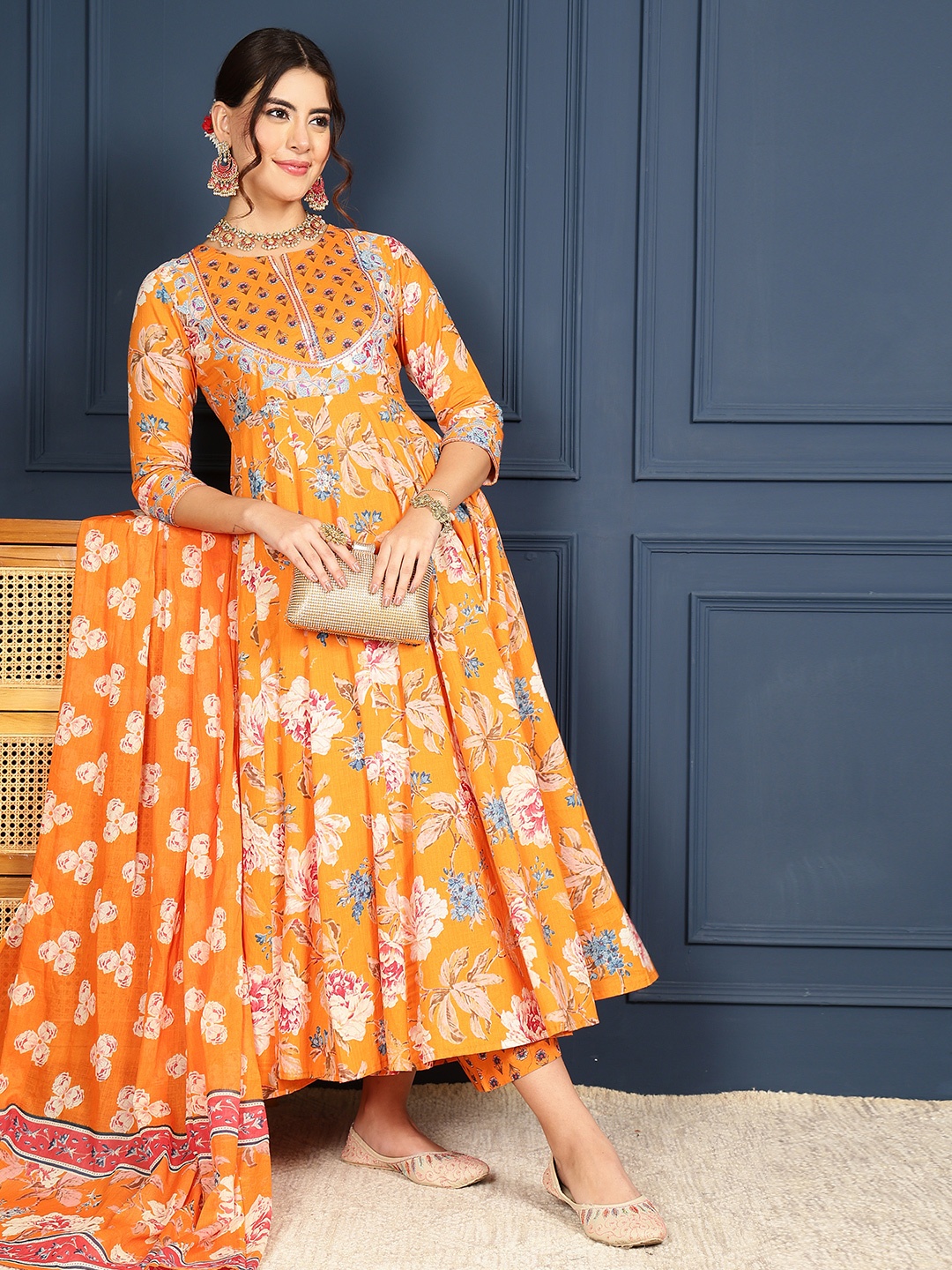 

KIMAYRA Floral Printed Pure Cotton Anarkali Kurta with Palazzos & Dupatta, Orange