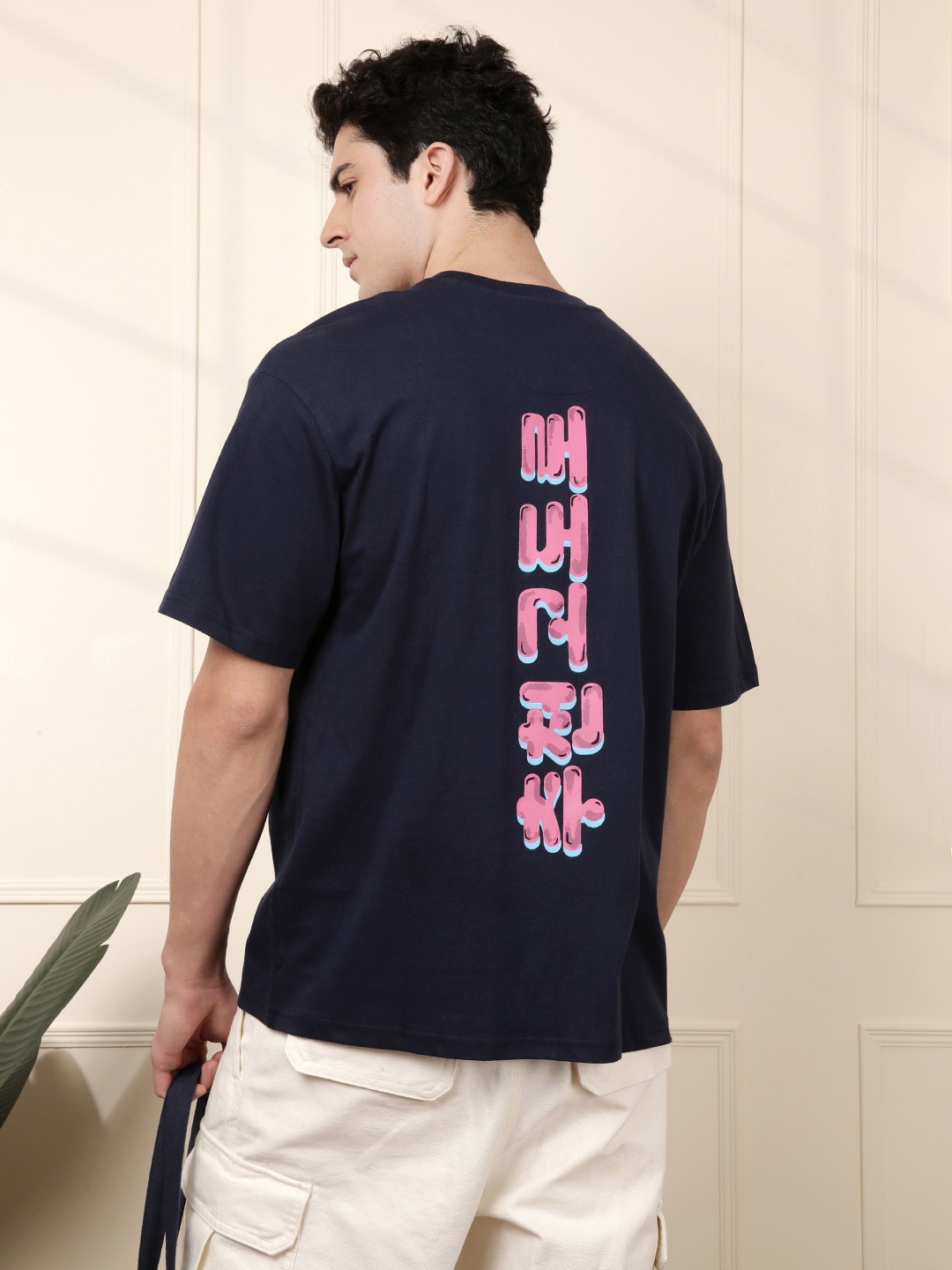 WROGN Men Typography Printed Round Neck Cotton Oversized T-shirt, Navy blue