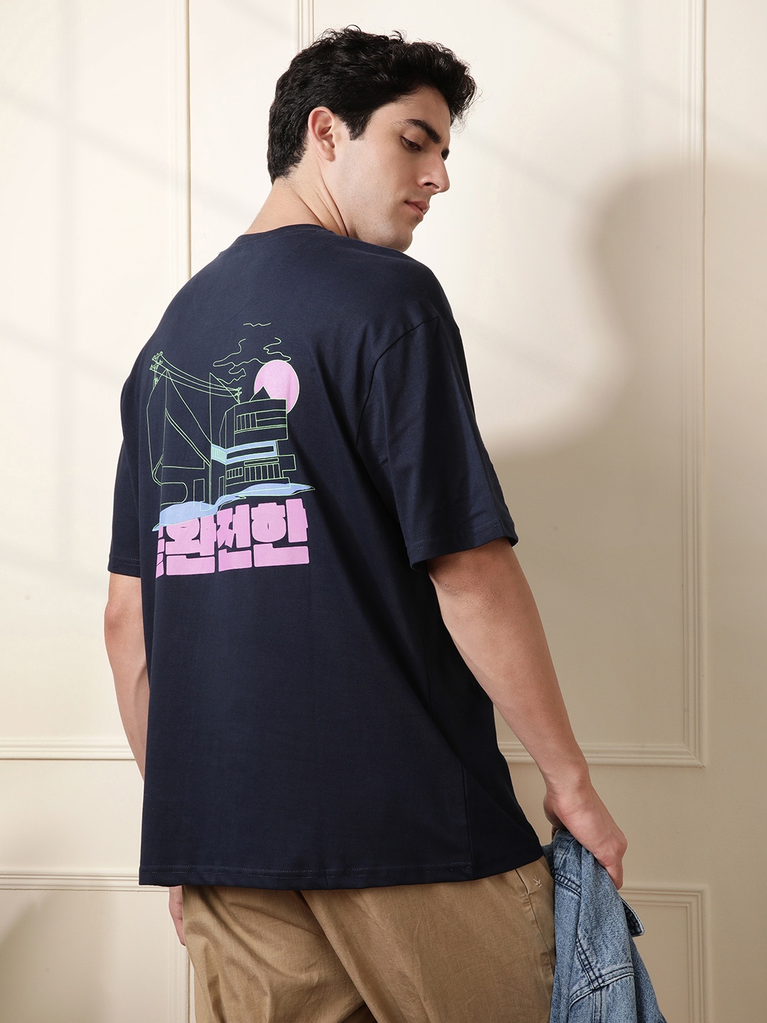 WROGN Men Graphic Printed Round Neck Cotton Oversized T-shirt, Navy blue