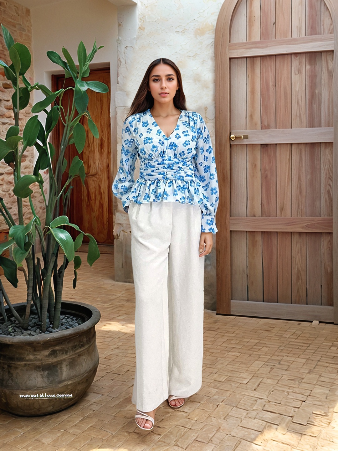 

Stylecast X Hersheinbox Floral Printed Puff Sleeve Cinched Waist Top, White