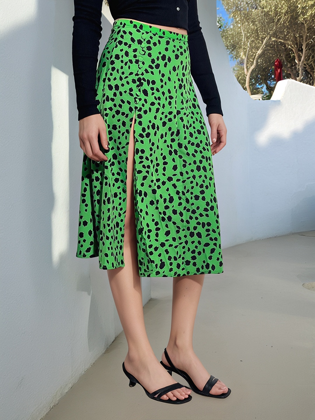

Stylecast X Hersheinbox Animal Print High-Rise Midi A-Line Skirt with Side Slit, Green