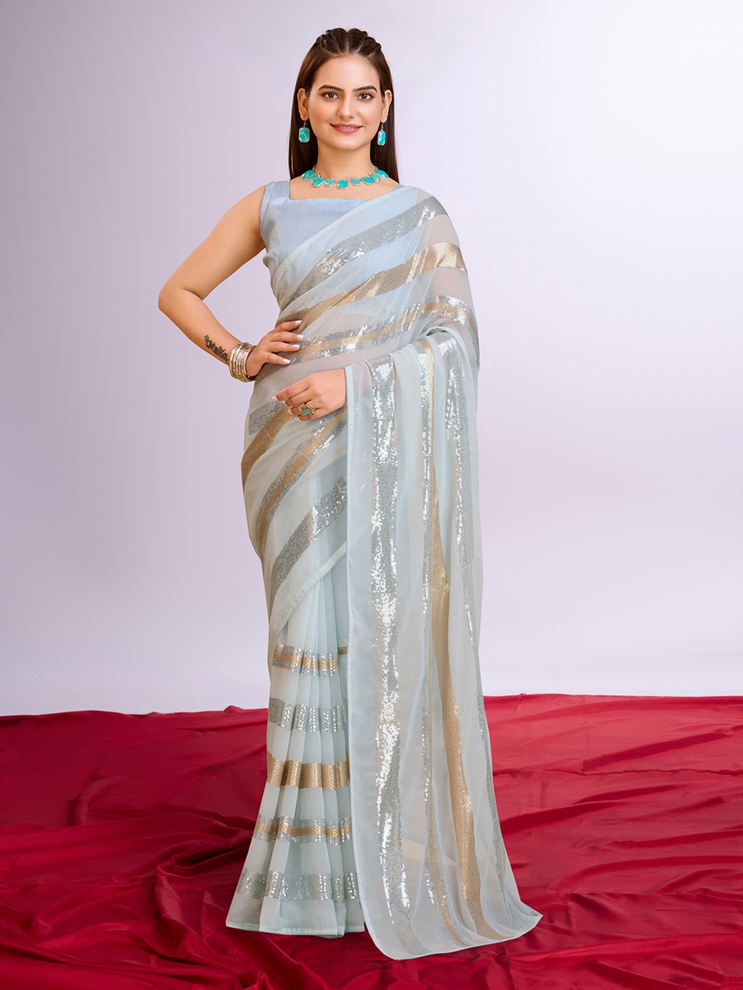 

VAIRAGEE Embellished Sequinned Ready to Wear Saree, Turquoise blue