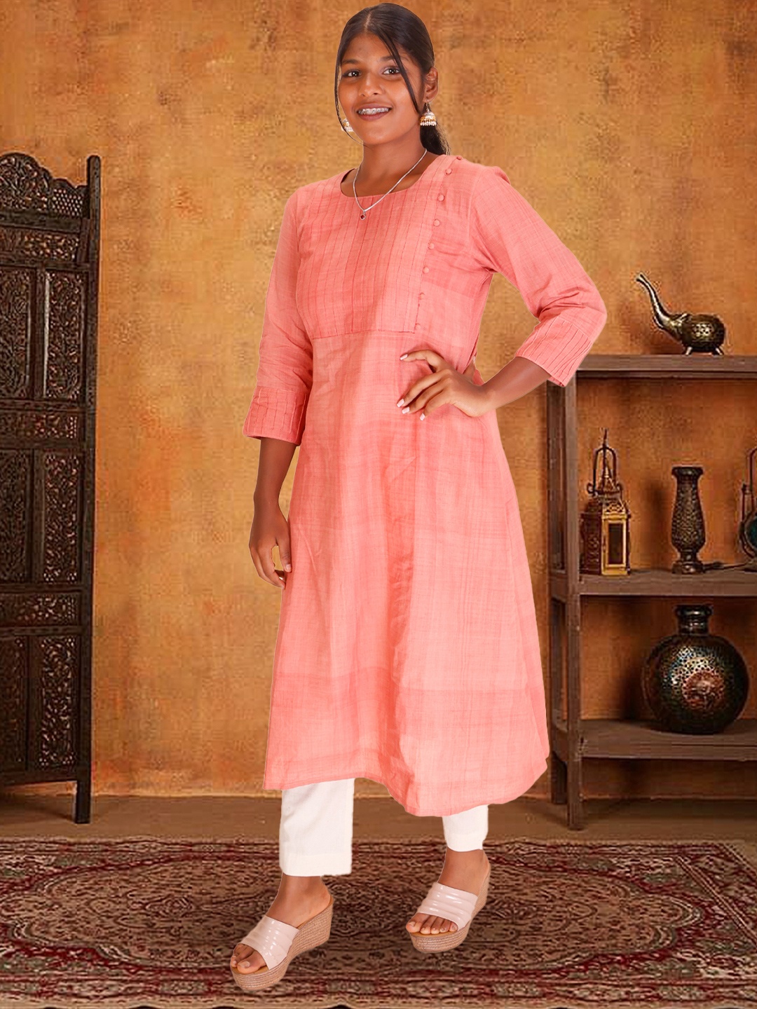 

Avishya Striped Round Neck Pure Cotton A-Line Kurta, Peach