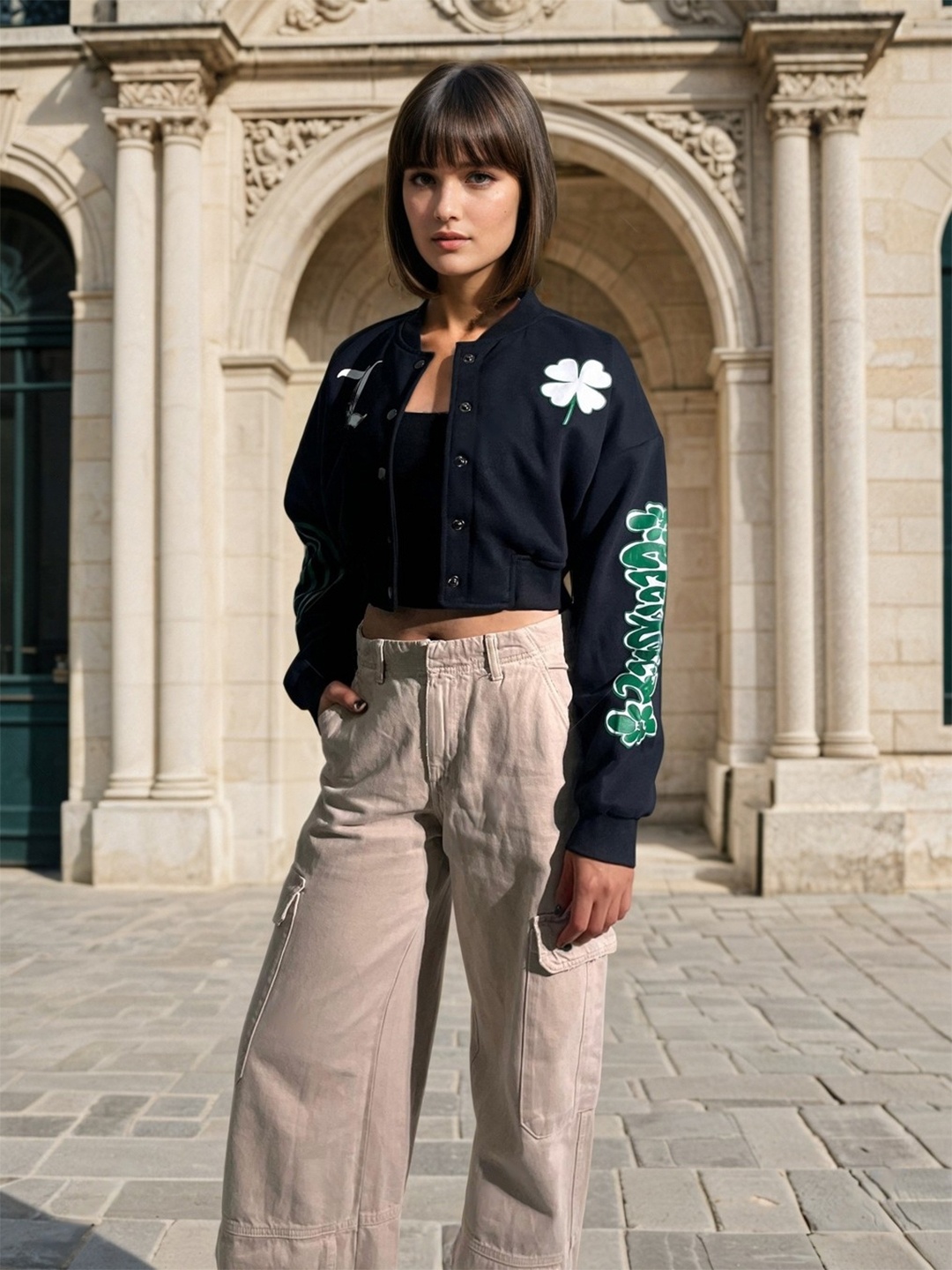 

Stylecast X Hersheinbox Graphic Printed Crop Varsity Jacket, Black
