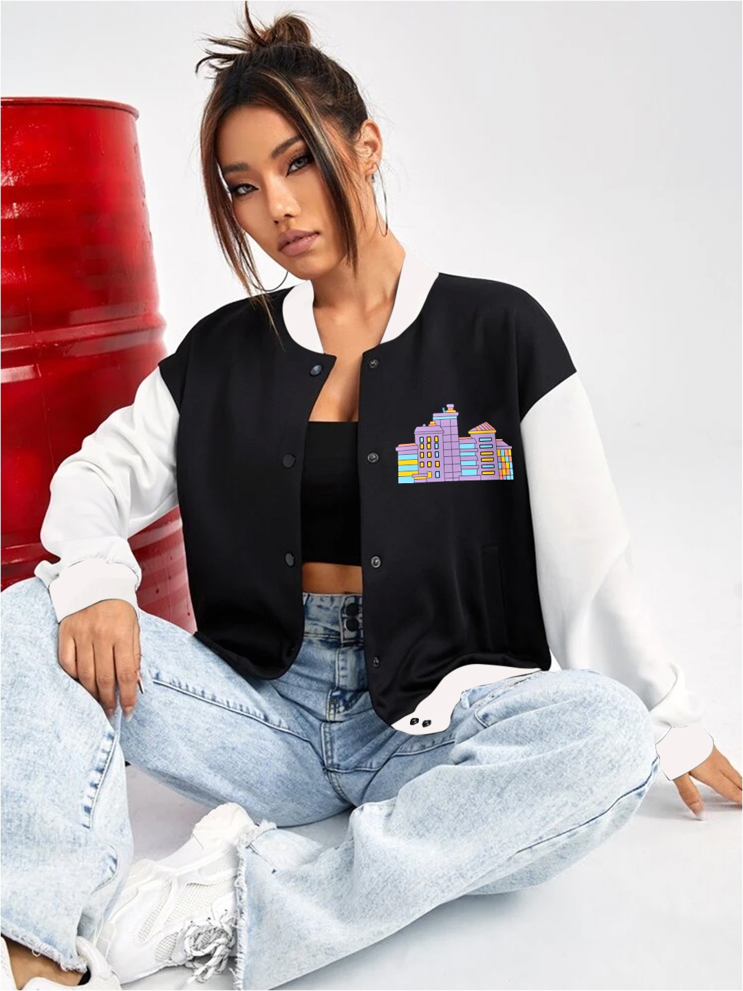 

Stylecast X Hersheinbox Colourblocked Printed Varsity Jacket, Black