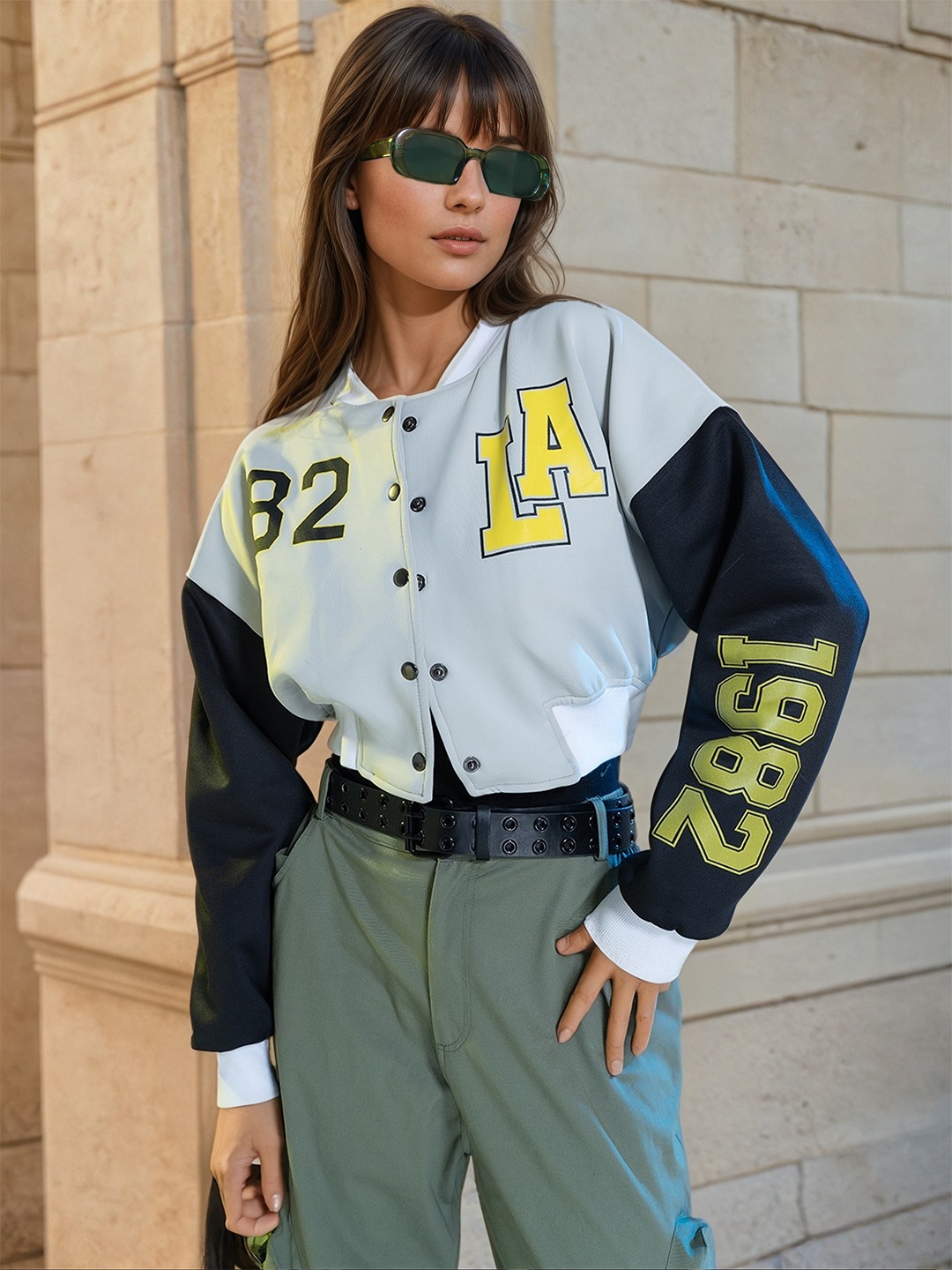 

Stylecast X Hersheinbox Colourblocked Typography Cropped Varsity Jacket, Grey