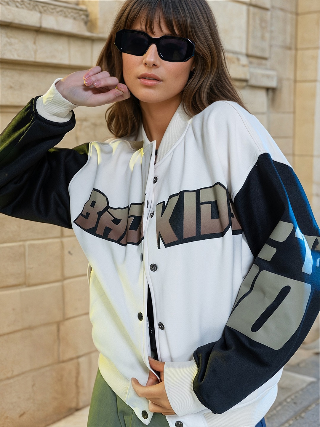 

Stylecast X Hersheinbox Colourblocked Typography Printed Varsity Jacket, Off white