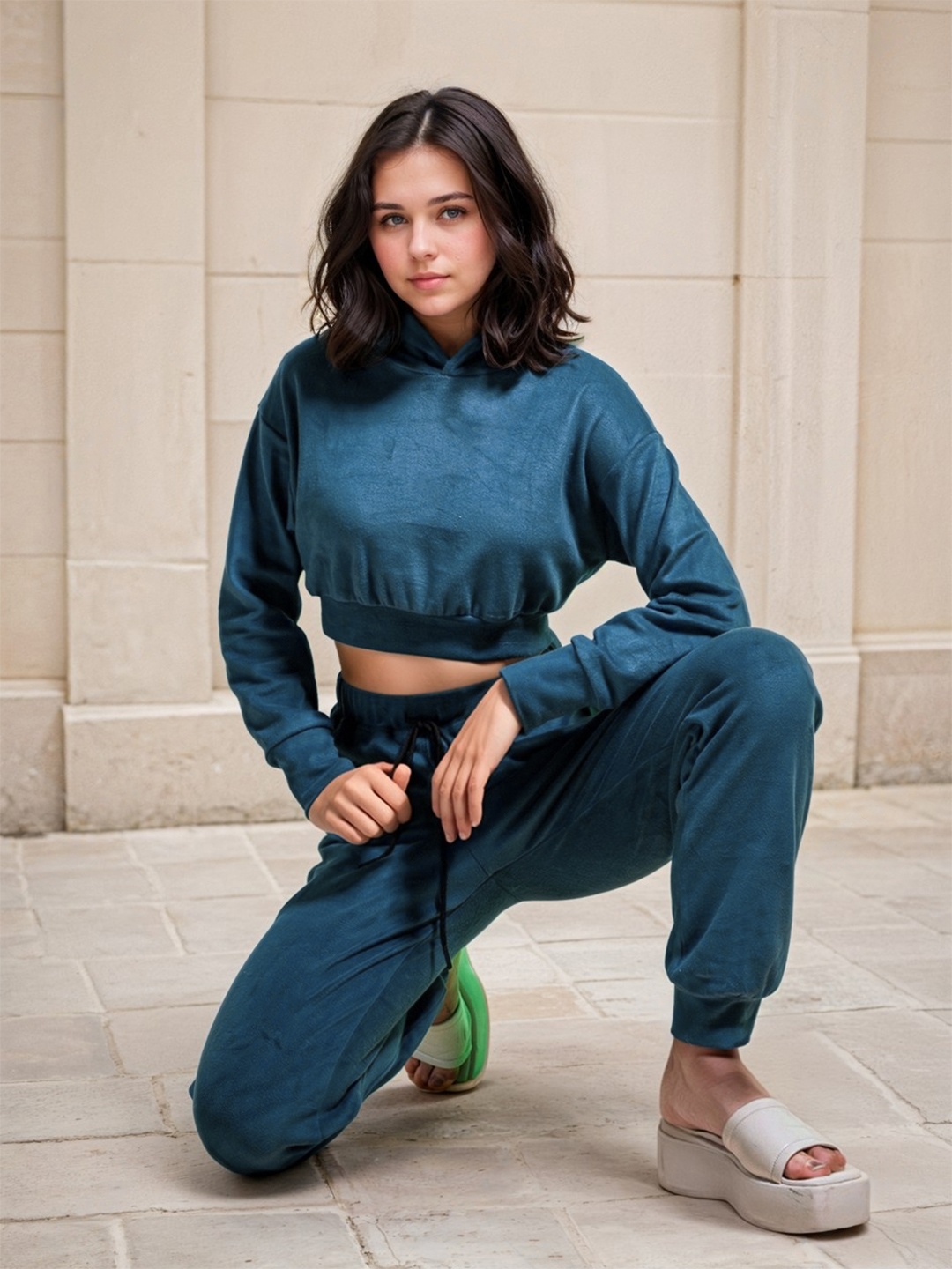 

Stylecast X Hersheinbox Velvet Finish Hooded Cropped Co-Ords, Blue