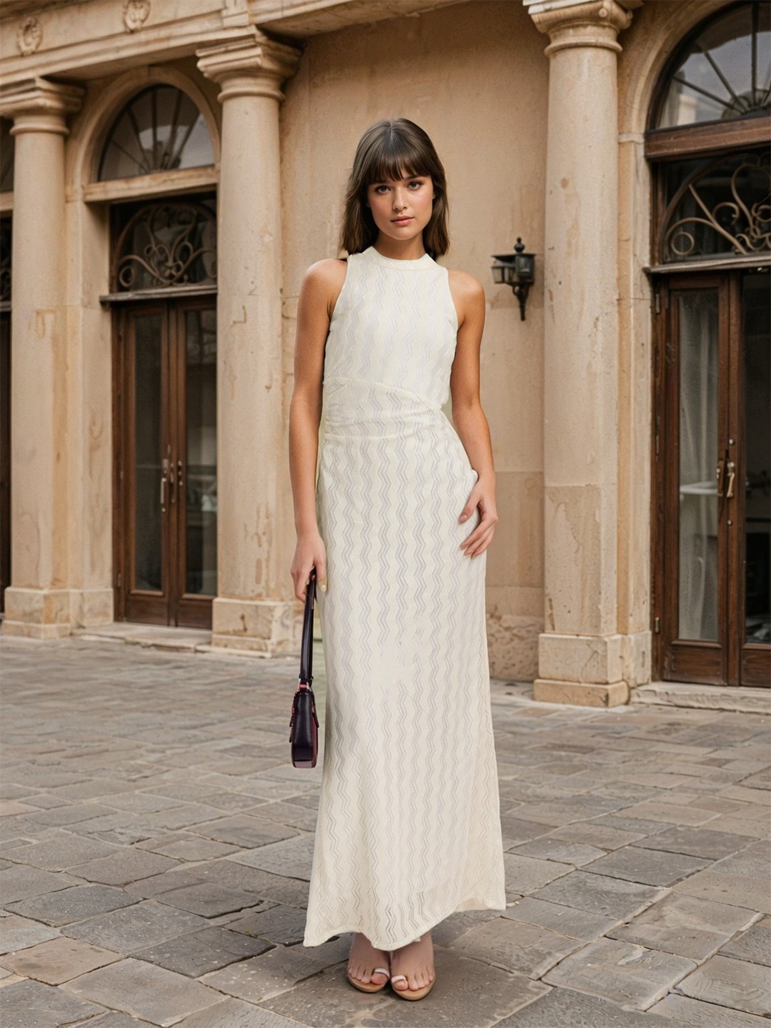

Stylecast X Hersheinbox Self Design High Neck Cut-Outs Detailed Maxi Dress, Cream