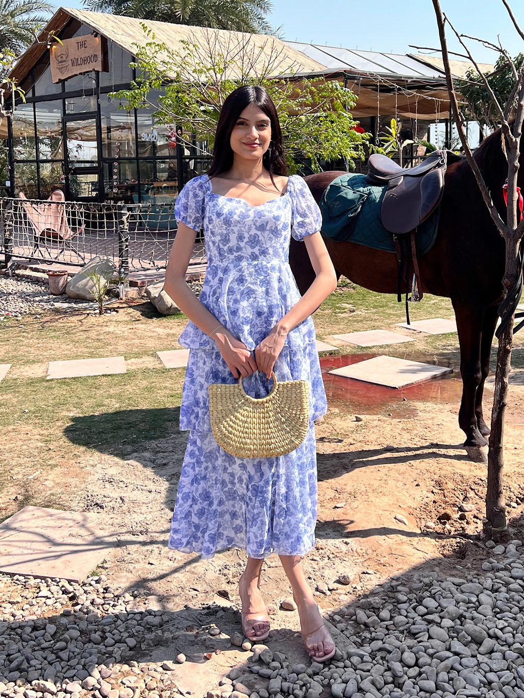 

Stylecast X Hersheinbox Floral Printed Puff Sleeve Ruffled Fit & Flare Maxi Dress, Blue