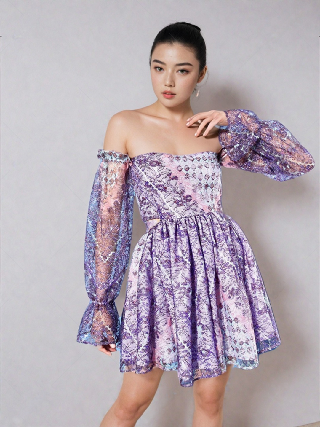 

Stylecast X Hersheinbox Printed Off-Shoulder Puff Sleeves Fit & Flare Mini Dress, Purple