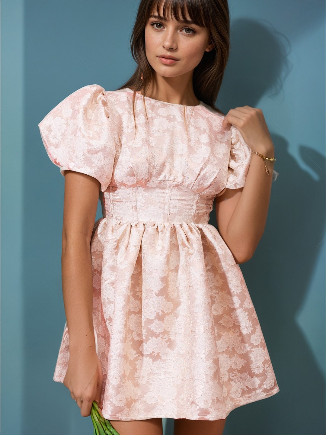 

Stylecast X Hersheinbox Floral Self Design Puff Sleeves Tie-Ups Fit & Flare Mini Dress, Rose