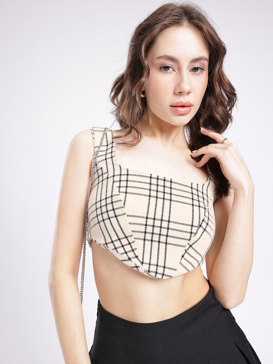 

Stylecast X Hersheinbox Checked Square Neck Tie-Ups Crop Top, Beige
