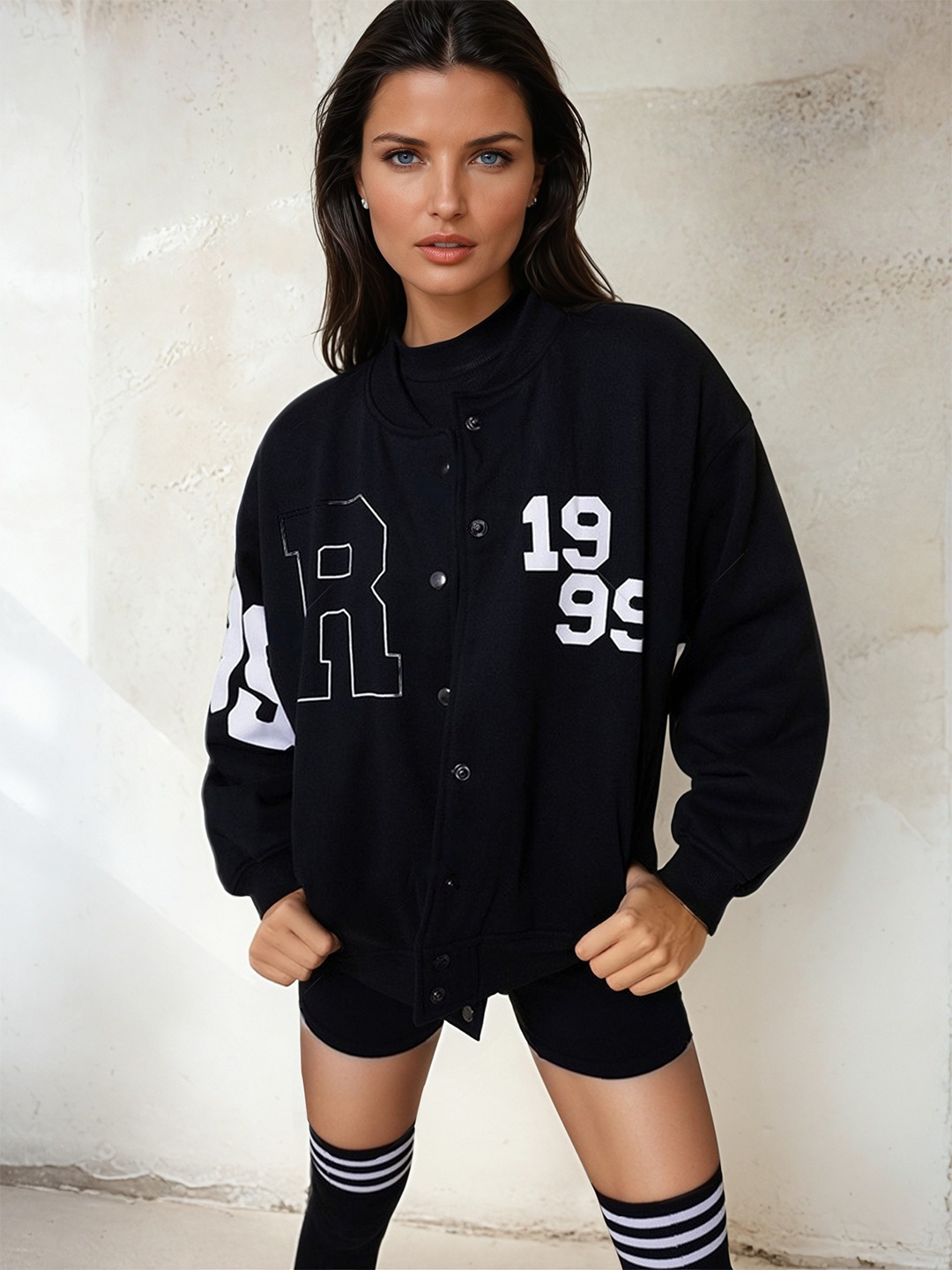 

Stylecast X Hersheinbox Mandarin Collar Graphic Printed Varsity Jacket, Black